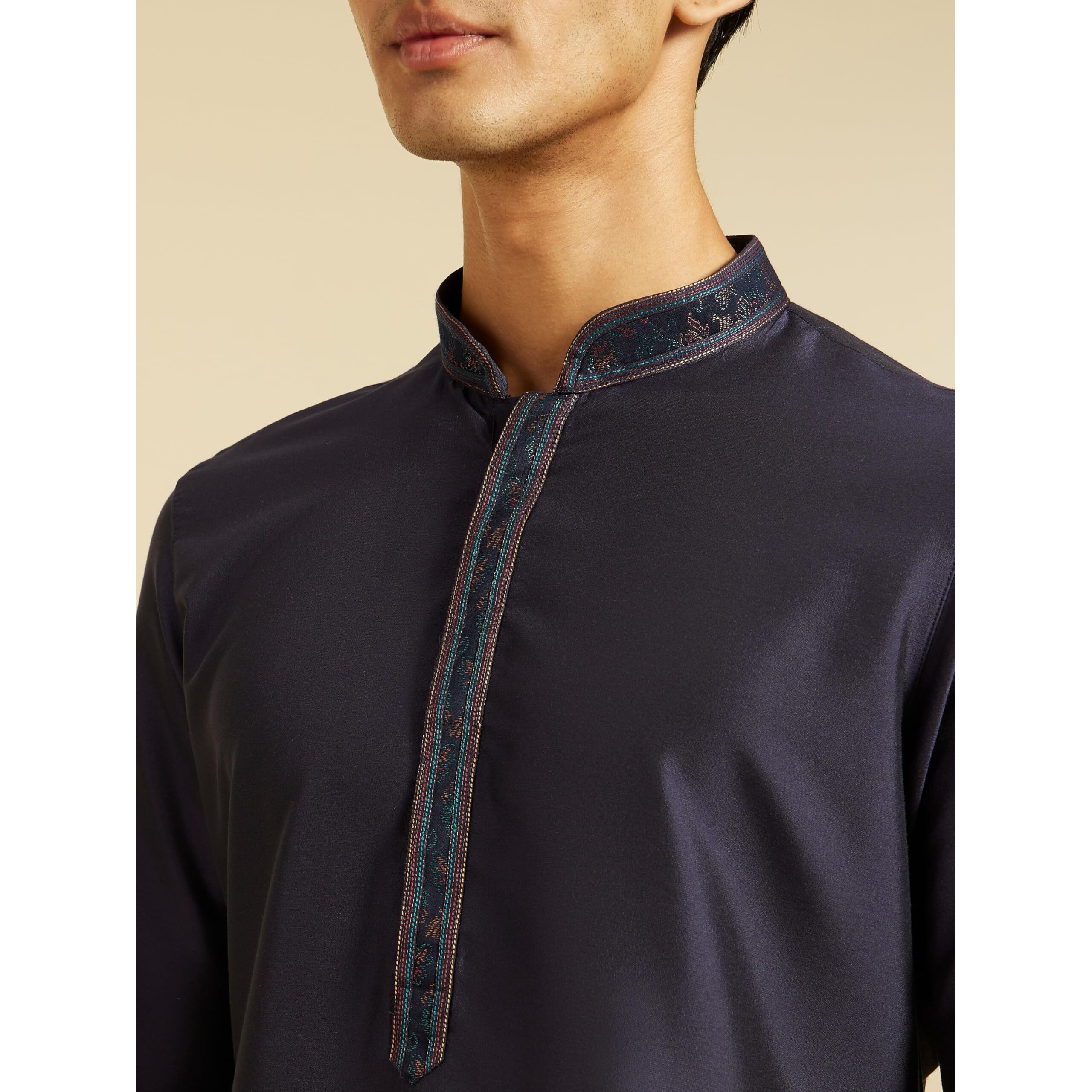 Diwas By Manyavar Men's Viscose Blend Solid Kurta (Dark Blue,M)