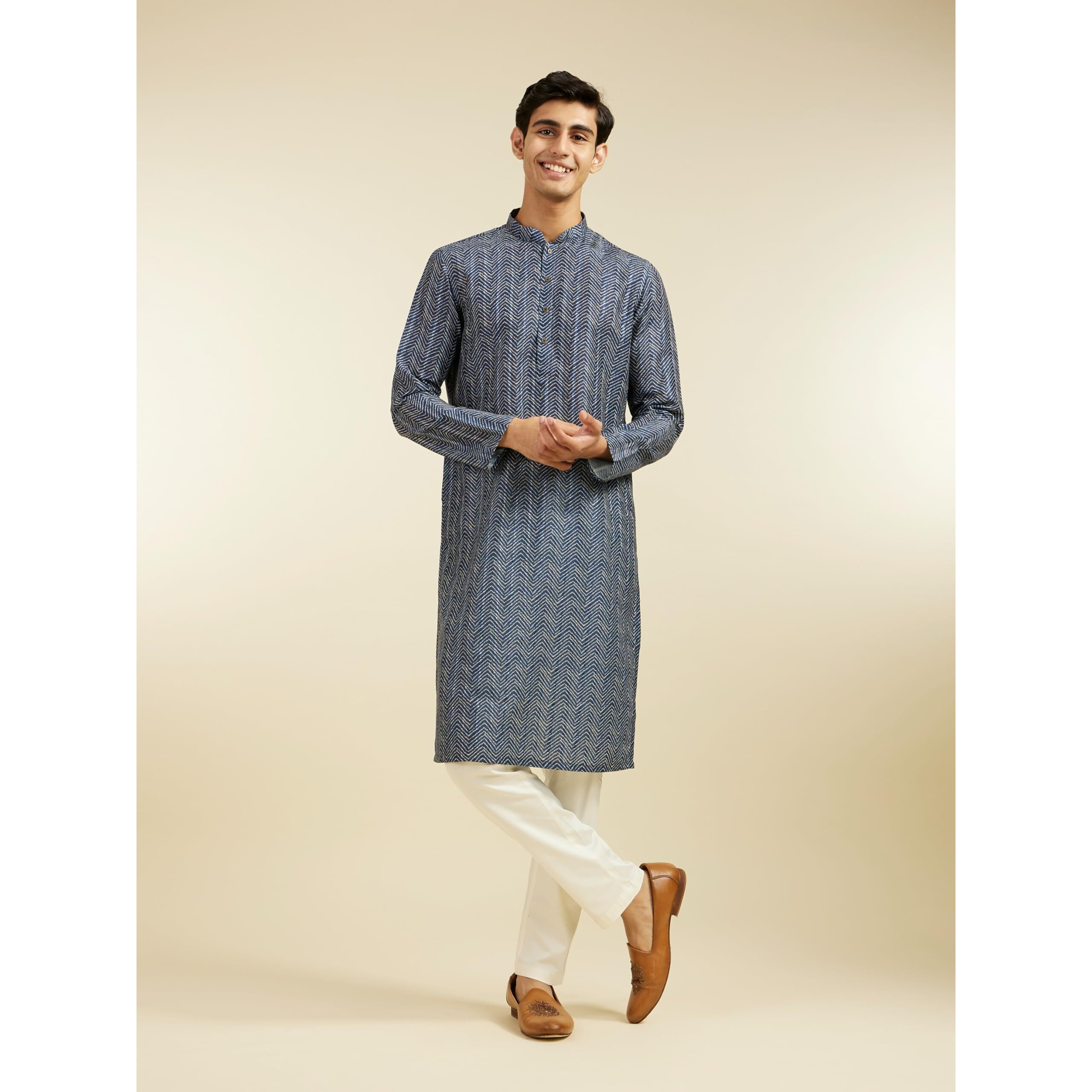 Diwas By Manyavar Men's Art Silk Printed Kurta (Blue,Xxxl)