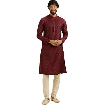 Manyavar Men's Art Silk Buta Jaal Patterned Kurta Set (Maroon,S)