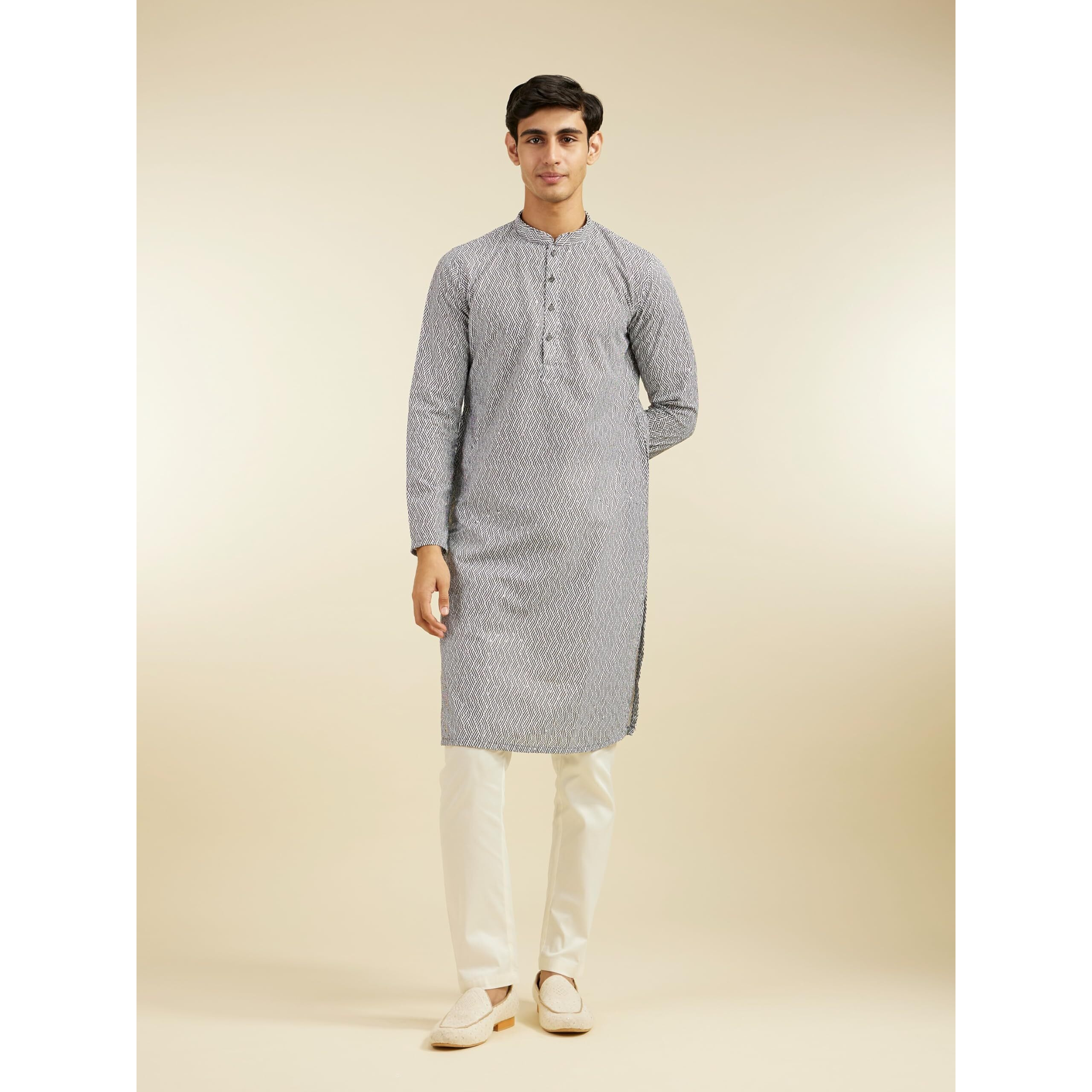 Diwas By Manyavar Men's Cotton Blend Printed Chikankari Kurta (Grey,Xl)