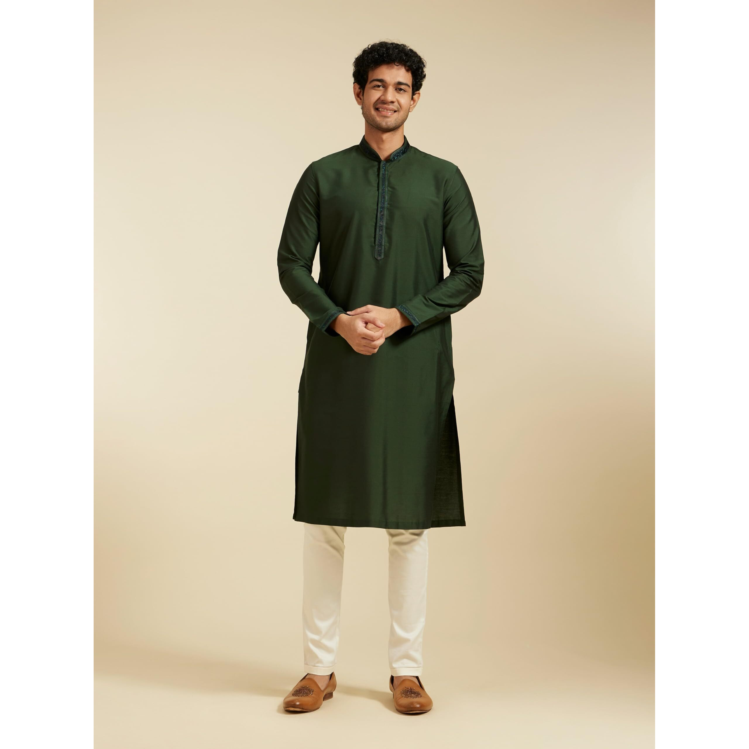 Diwas By Manyavar Men's Viscose Blend Solid Kurta (Dark Green,L)