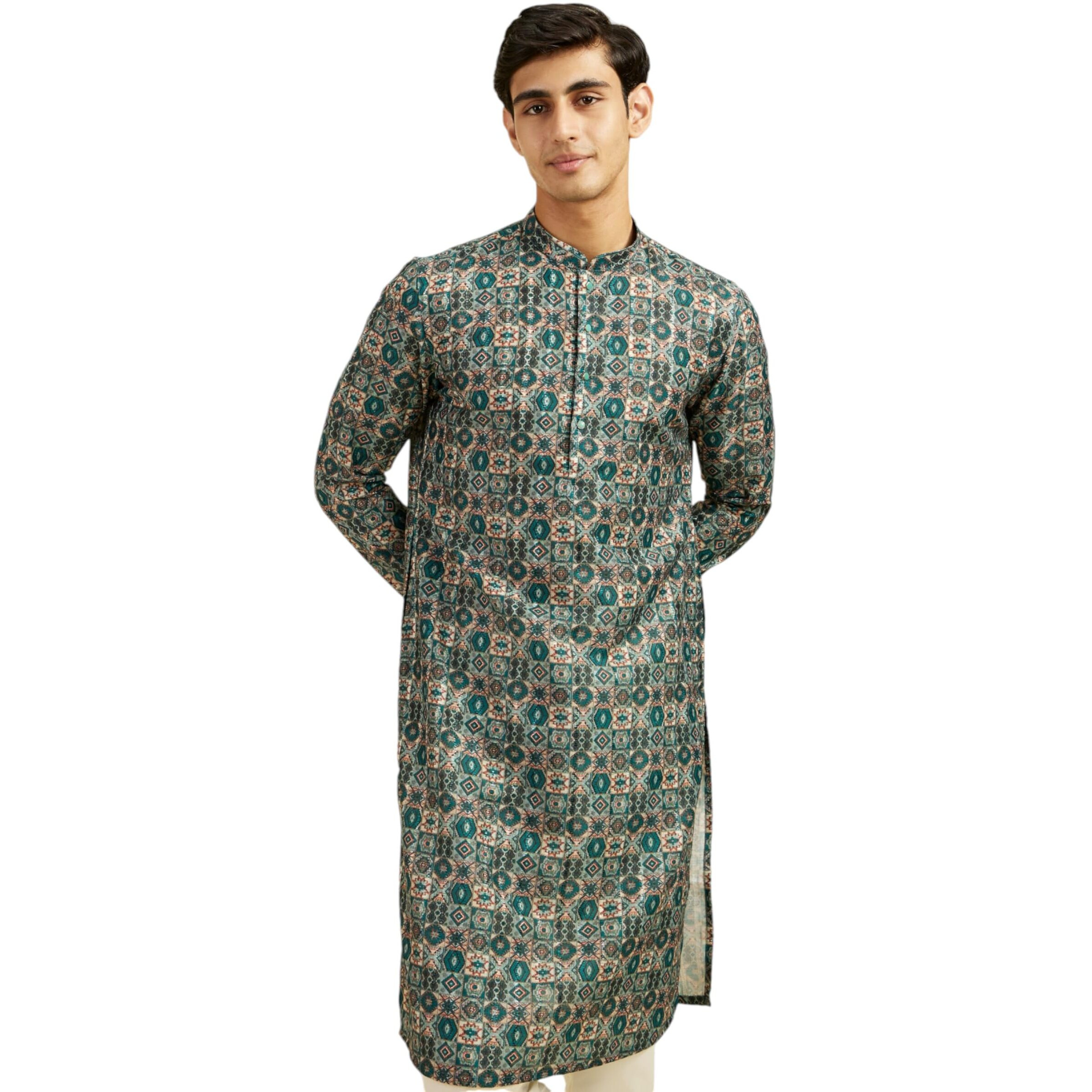 Diwas By Manyavar Men's Art Silk Printed Kurta (Green,L)