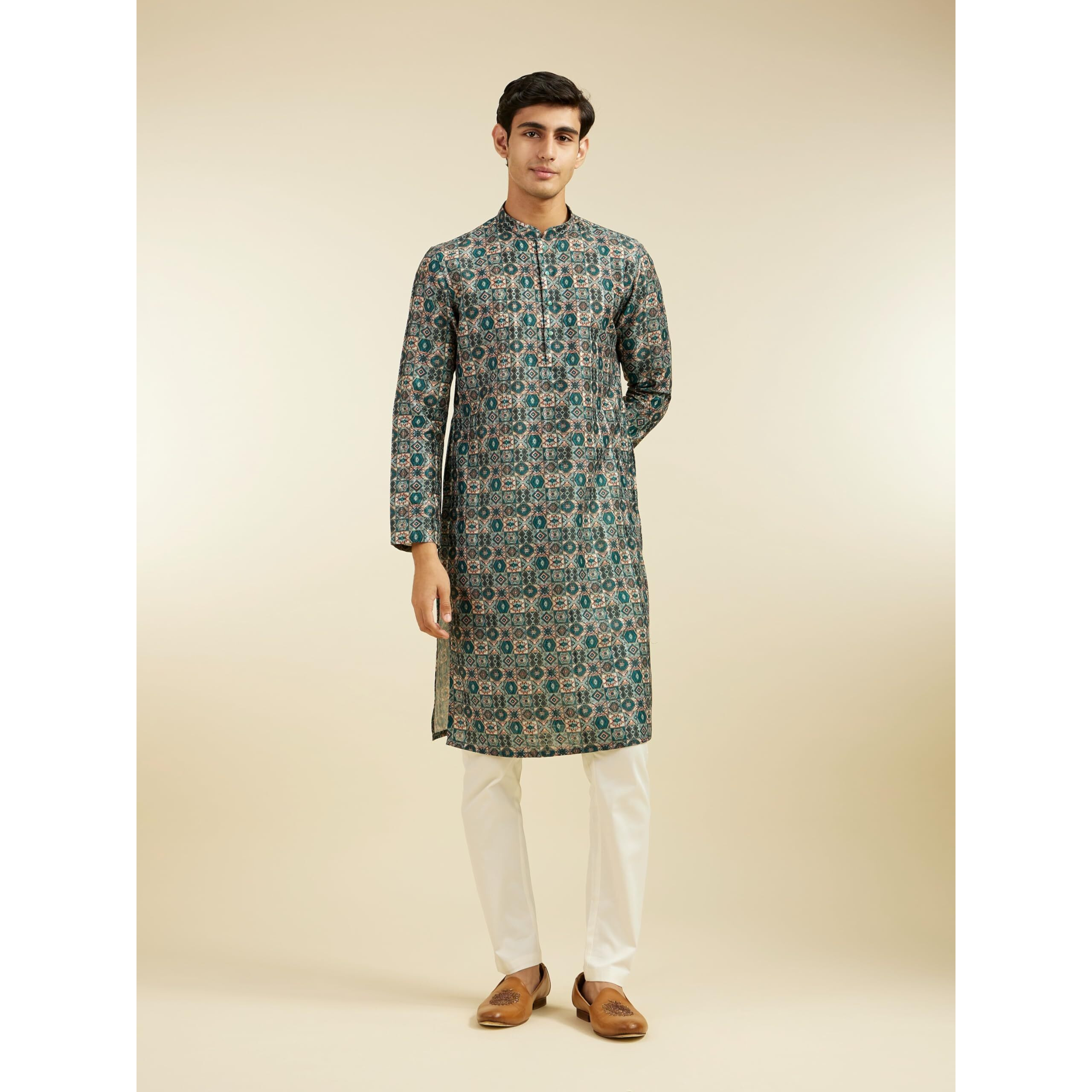 Diwas By Manyavar Men's Art Silk Printed Kurta (Green,L)