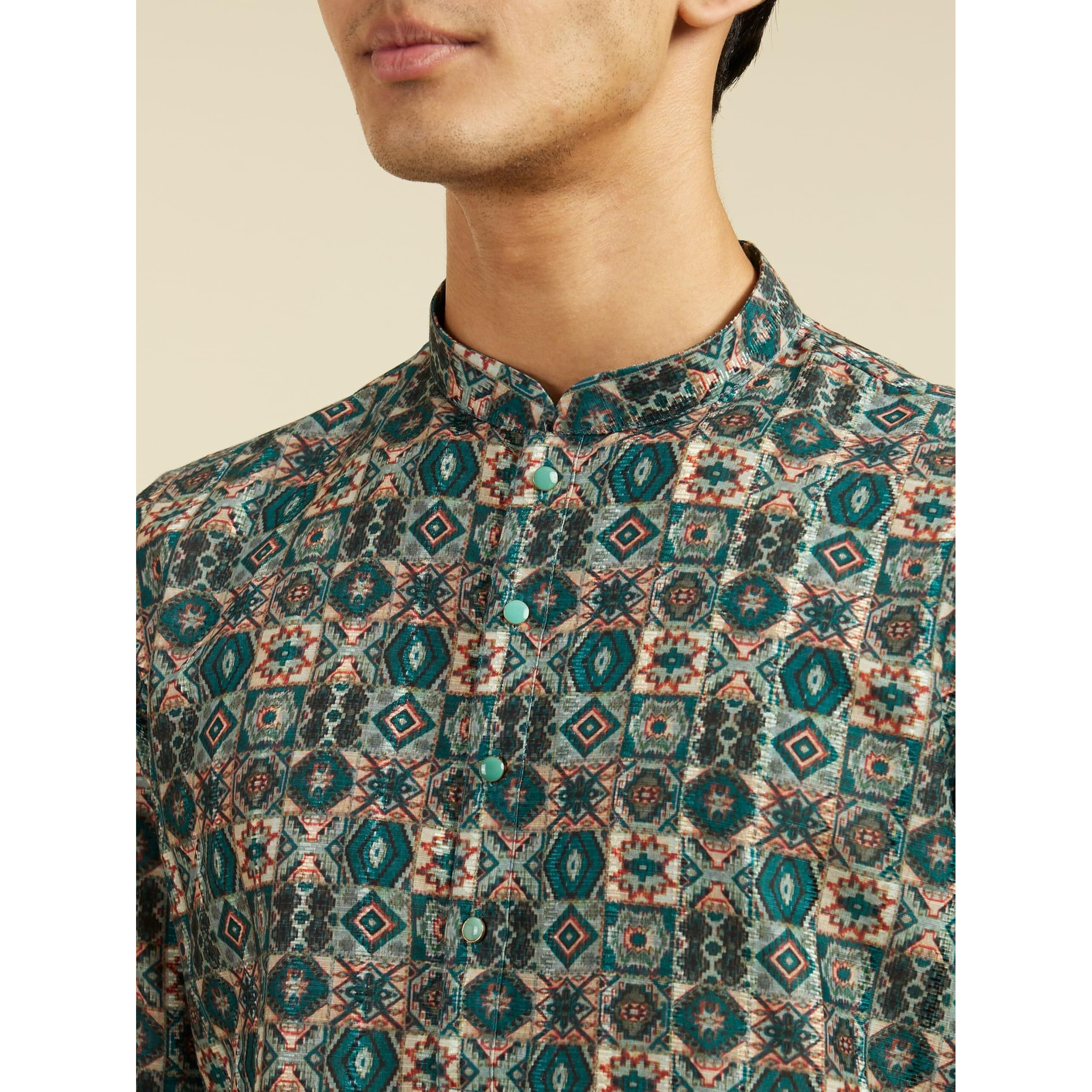 Diwas By Manyavar Men's Art Silk Printed Kurta (Green,L)