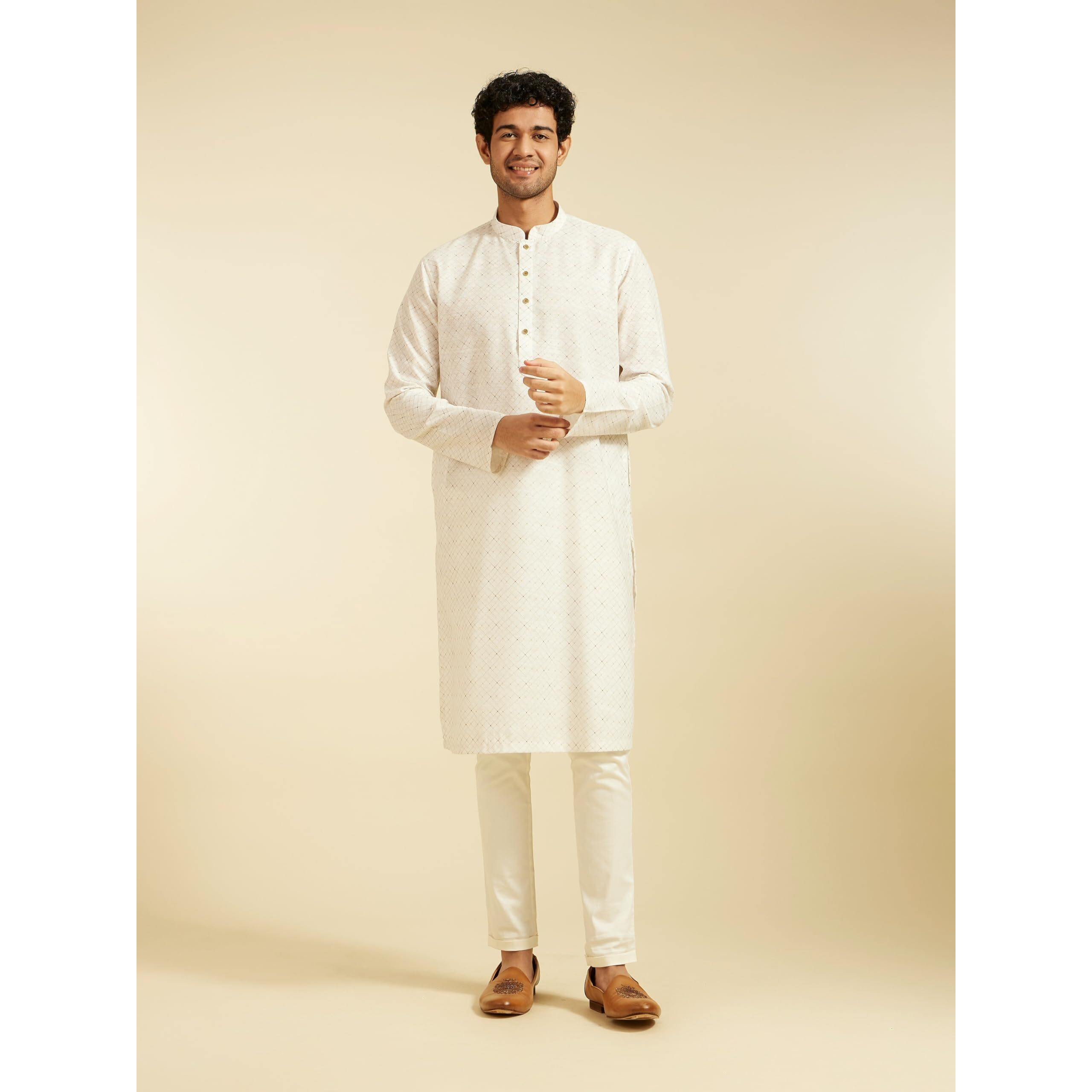 Diwas By Manyavar Men's Linen Blend Textured Kurta (Warm White,Xxxl)