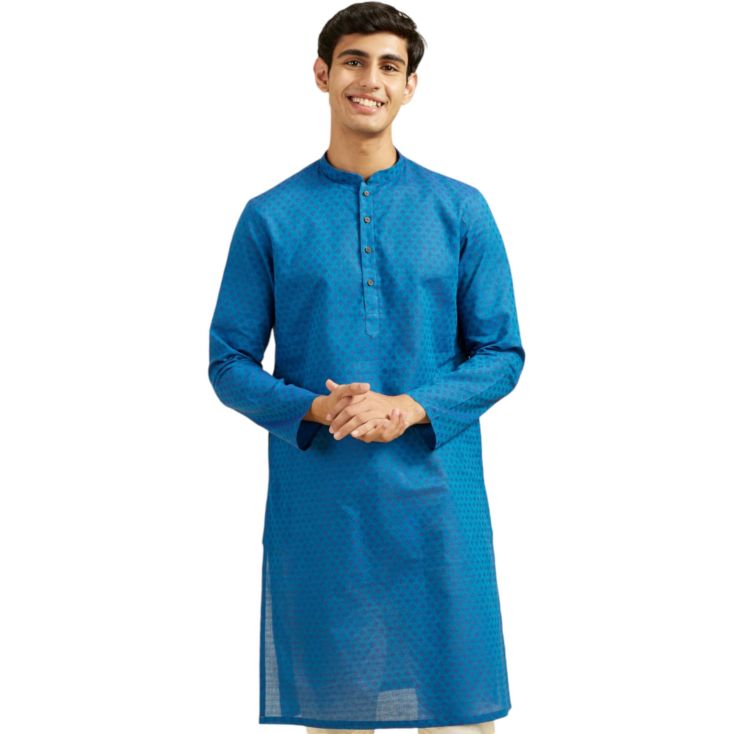 Diwas By Manyavar Men's Cotton Printed Kurta (Blue,Xxl)