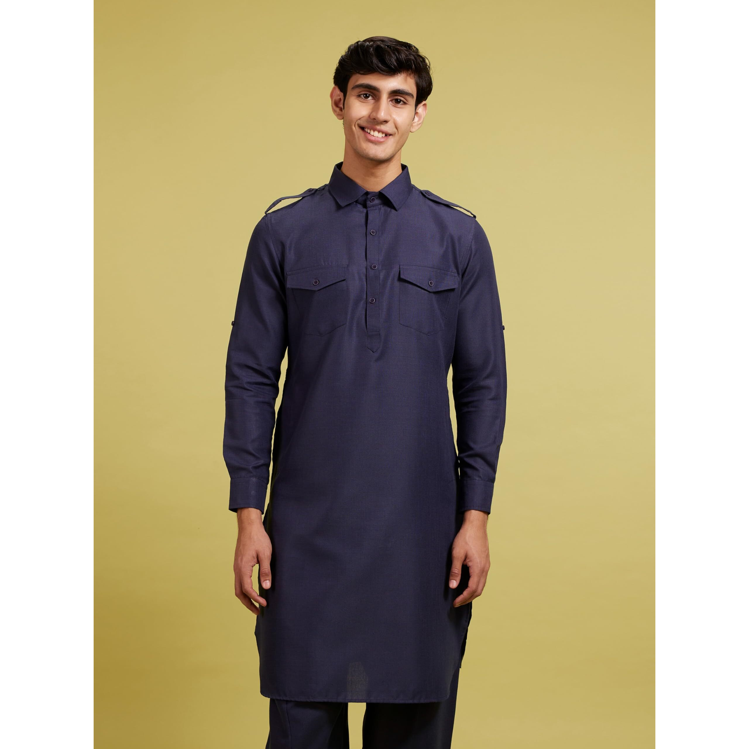 Diwas By Manyavar Men's Art Silk Solid Pathani Kurta Set (Blue,Xxl)