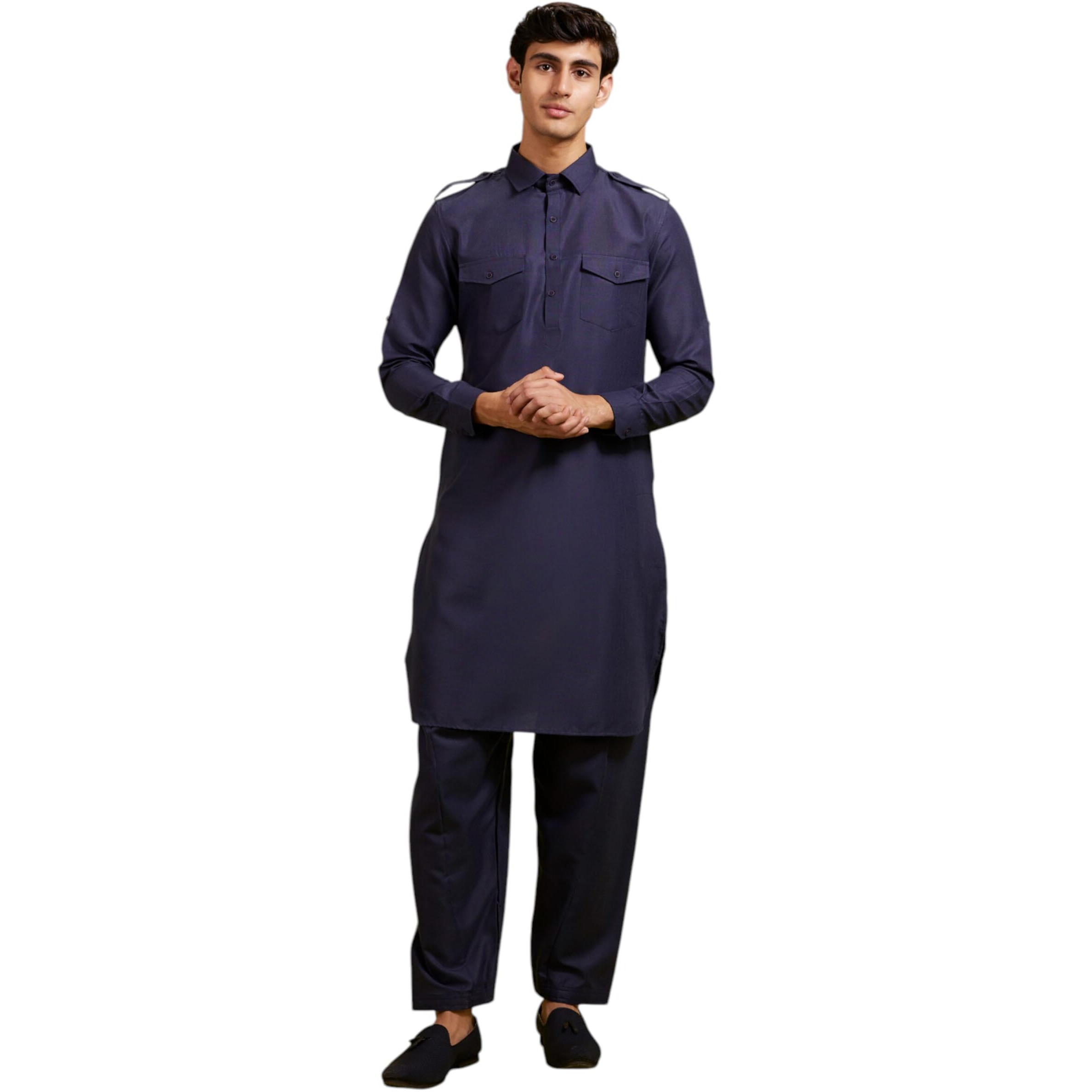 Diwas By Manyavar Men's Art Silk Solid Pathani Kurta Set (Blue,L)