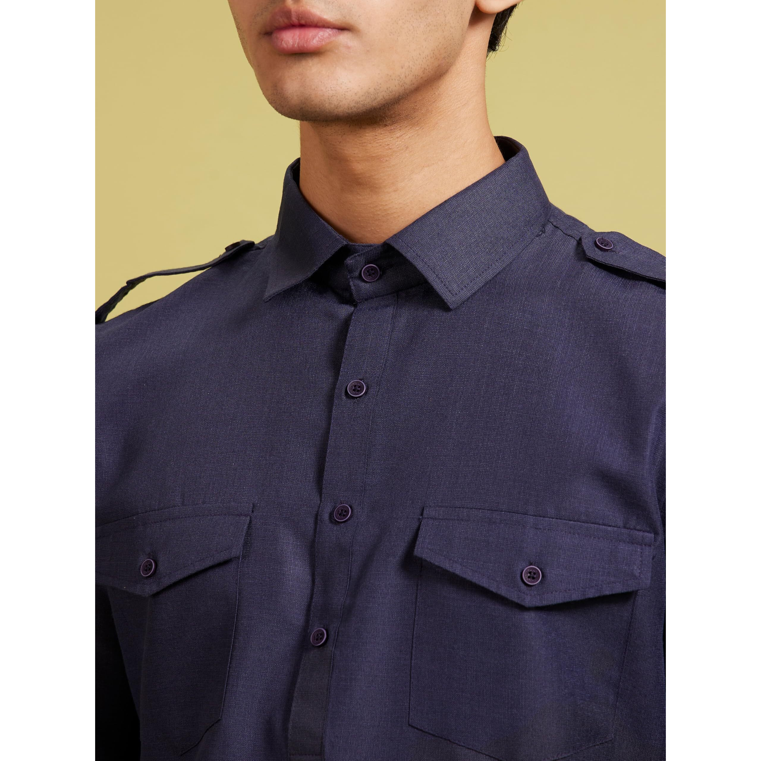Diwas By Manyavar Men's Art Silk Solid Pathani Kurta Set (Blue,L)