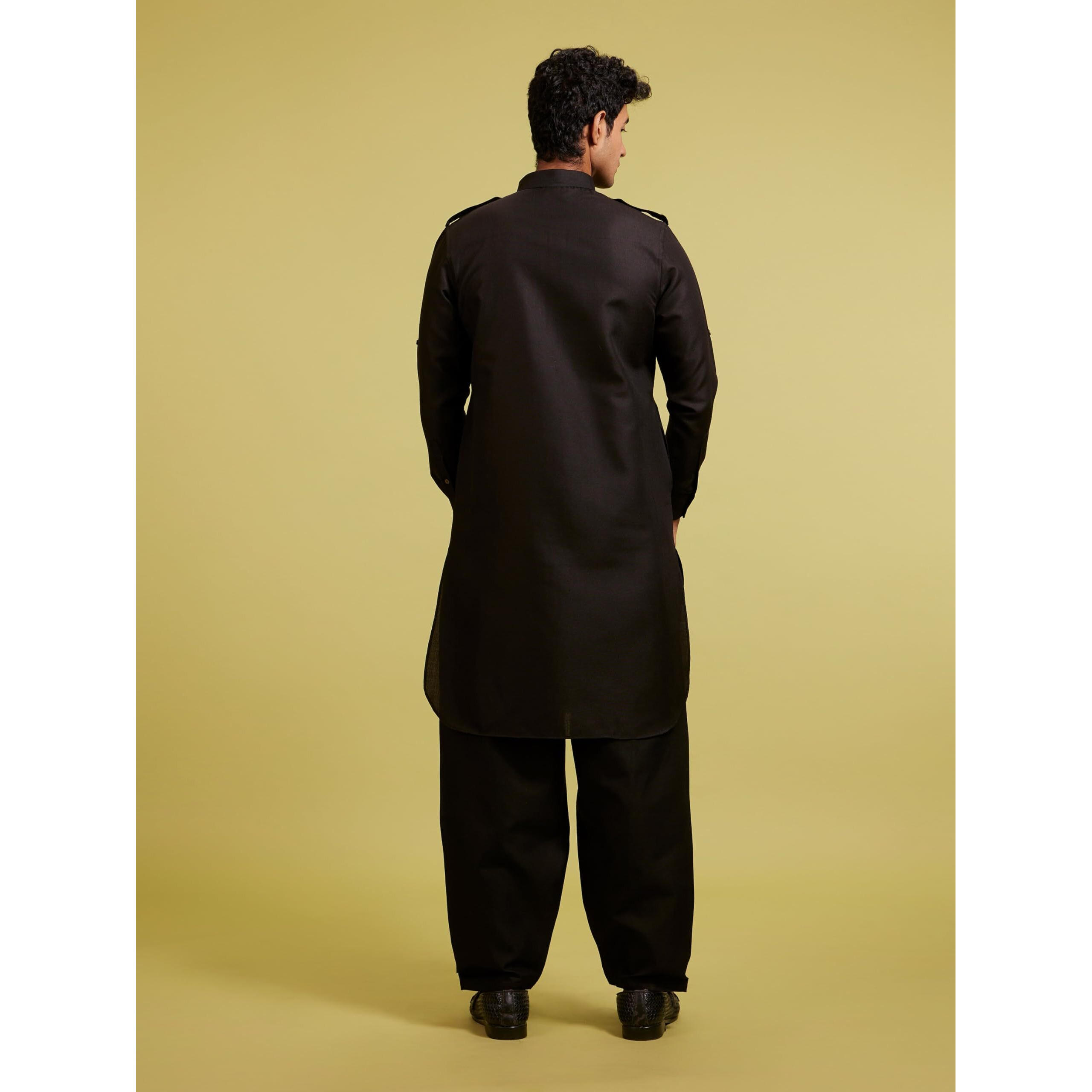 Diwas By Manyavar Men's Art Silk Solid Pathani Kurta Set (Black,Xxxl)