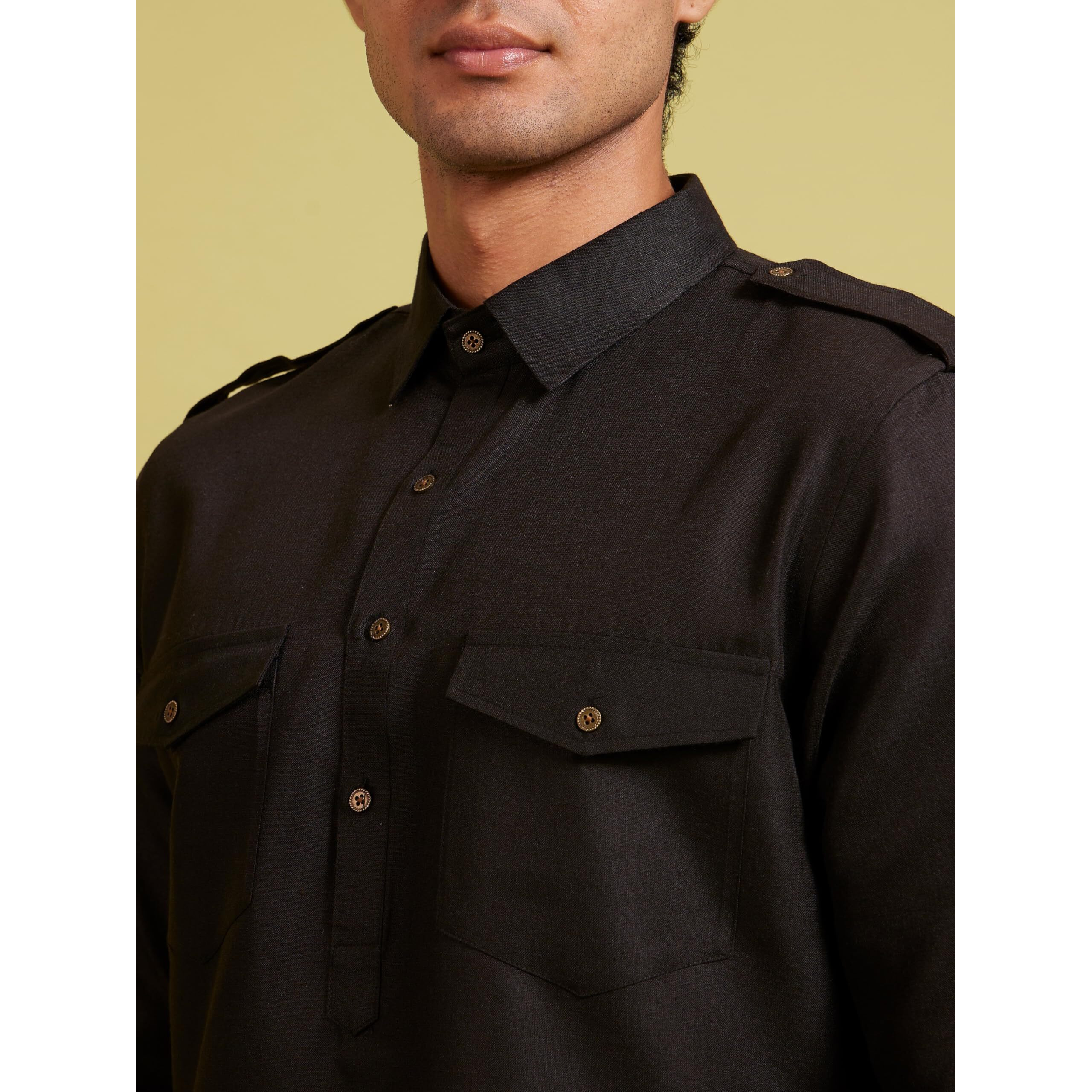 Diwas By Manyavar Men's Art Silk Solid Pathani Kurta Set (Black,Xxxl)