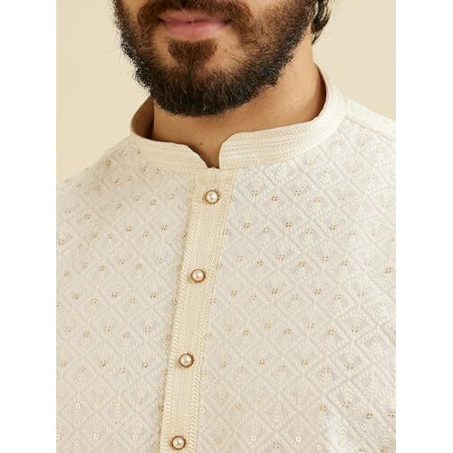 Manyavar Men's Chikankari Sequined Embroidered Kurta Set (Cream,M)