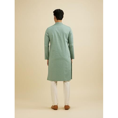 Manyavar Men's Cotton Dotted Print Kurta Set (Aqua Green,Xl)