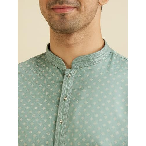 Manyavar Men's Cotton Dotted Print Kurta Set (Aqua Green,Xl)