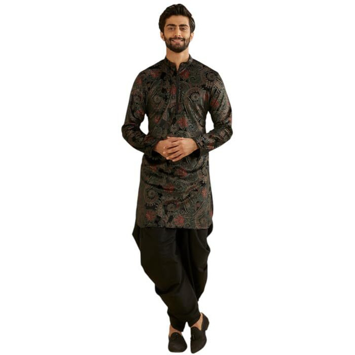 Manyavar Men's Velvet Digital Print Kurta Set (Black,Xl)