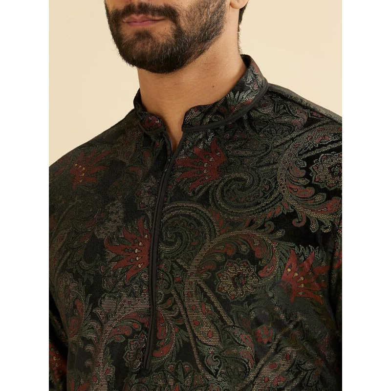 Manyavar Men's Velvet Digital Print Kurta Set (Black,Xl)