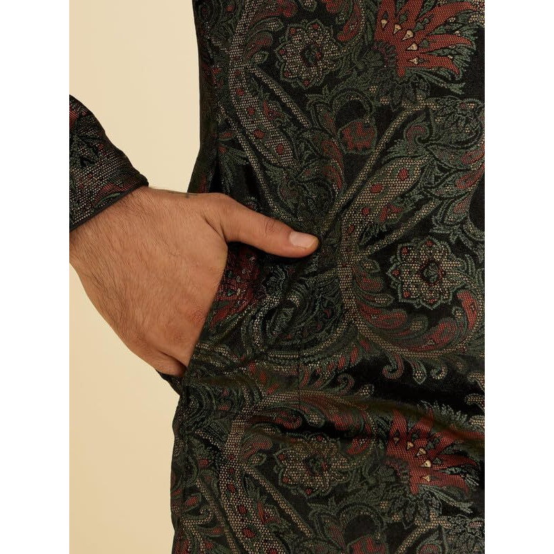 Manyavar Men's Velvet Digital Print Kurta Set (Black,Xl)