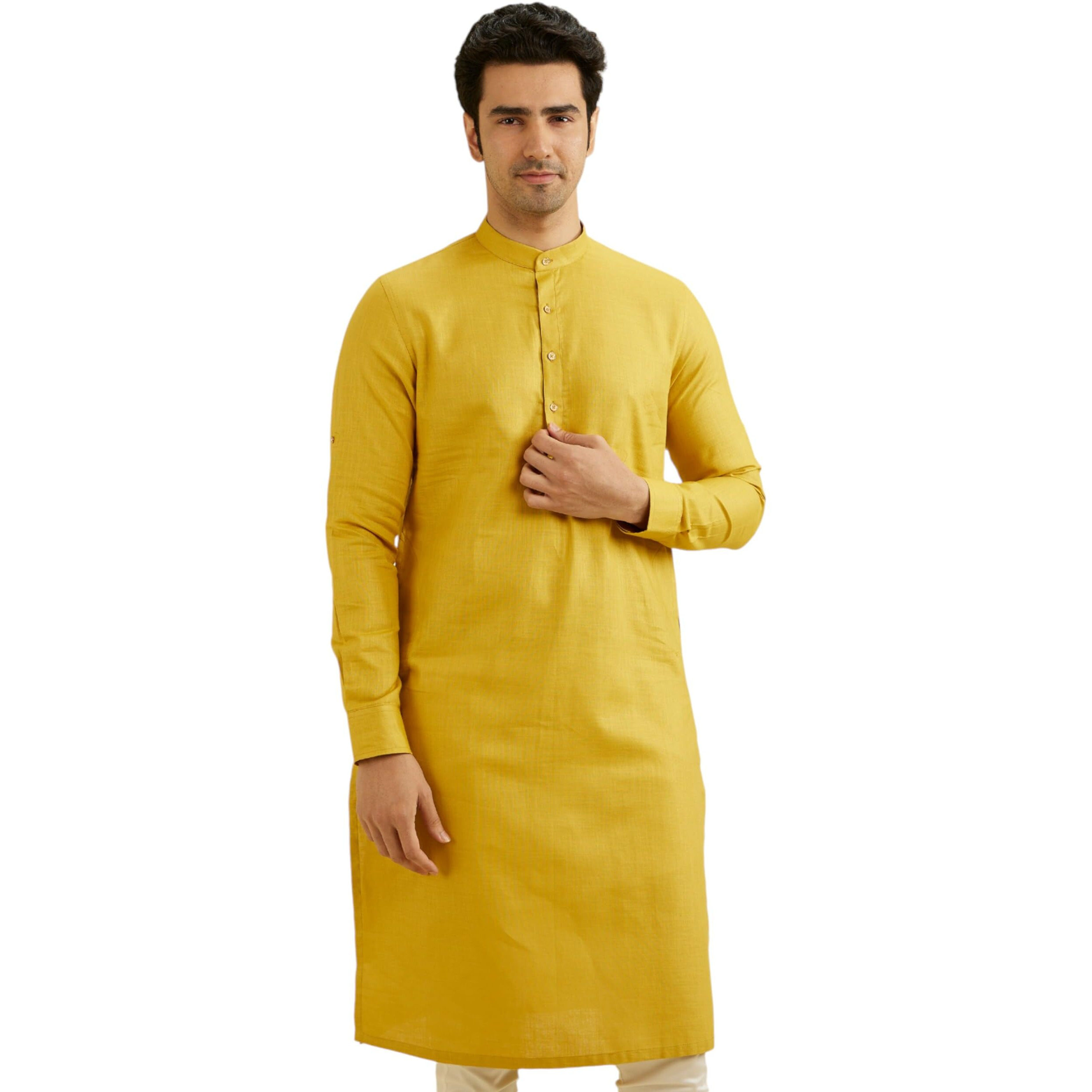 Manyavar Men's Cotton Solid Kurta (Mustard,L)