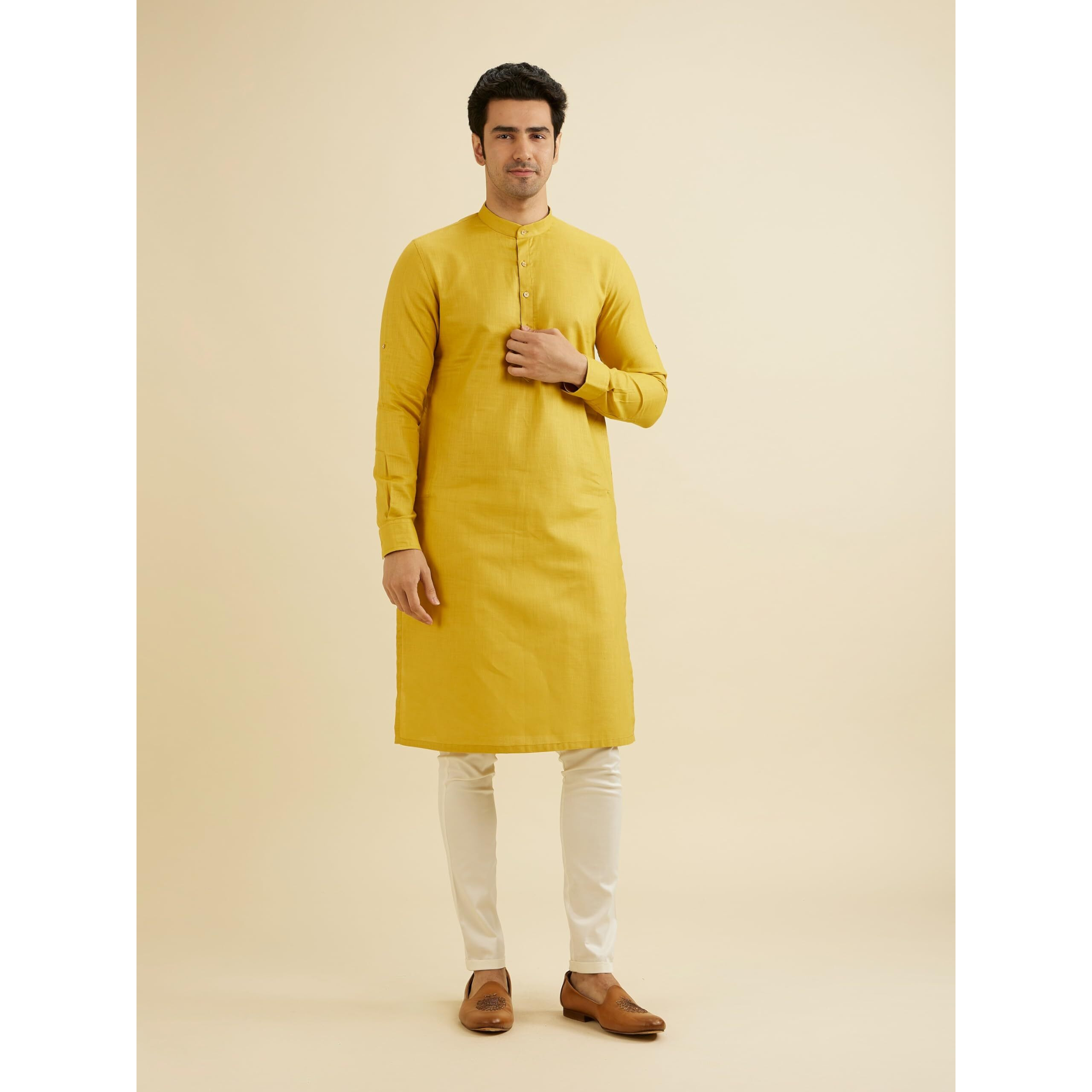 Manyavar Men's Cotton Solid Kurta (Mustard,L)