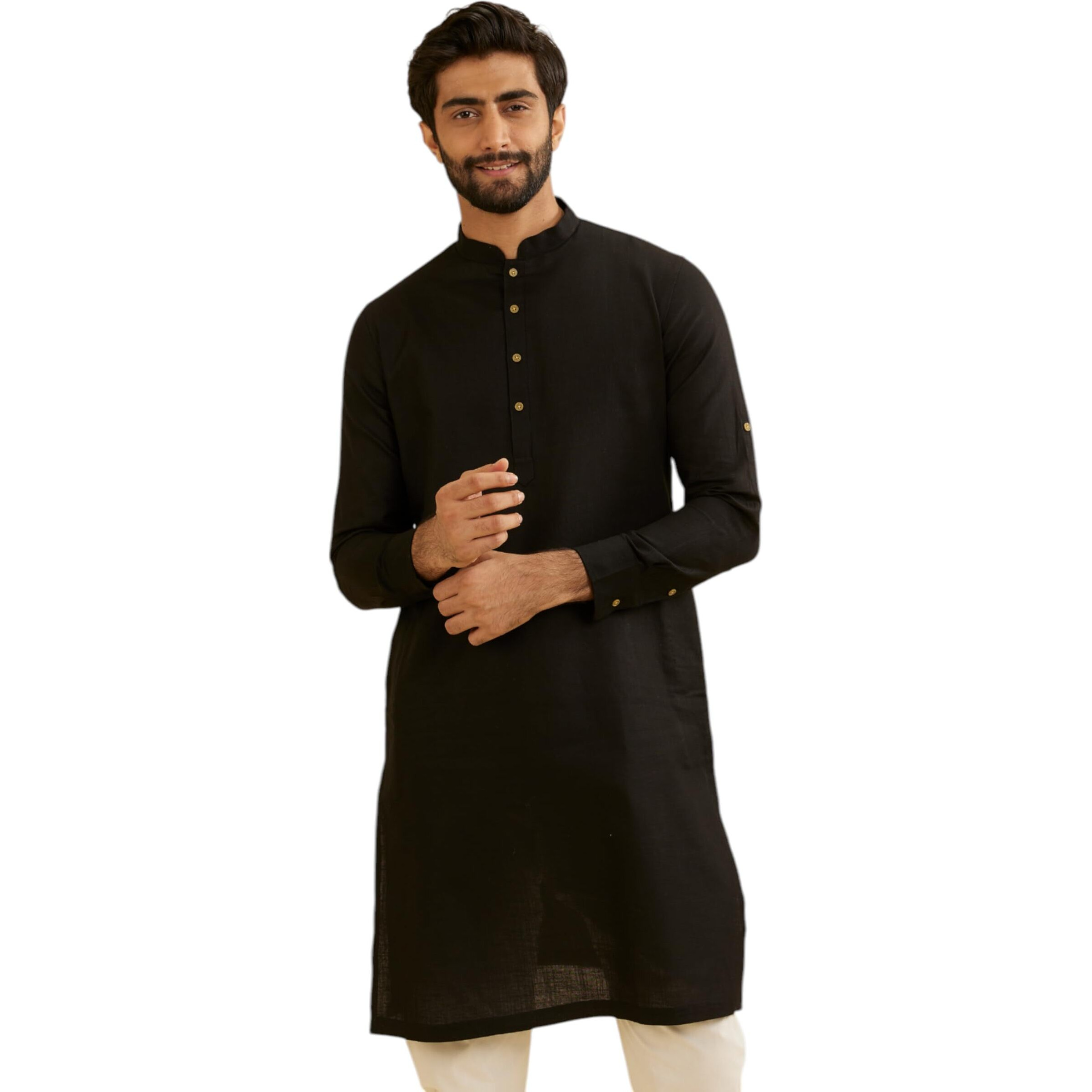 Manyavar Men's Cotton Solid Kurta (Black,L)