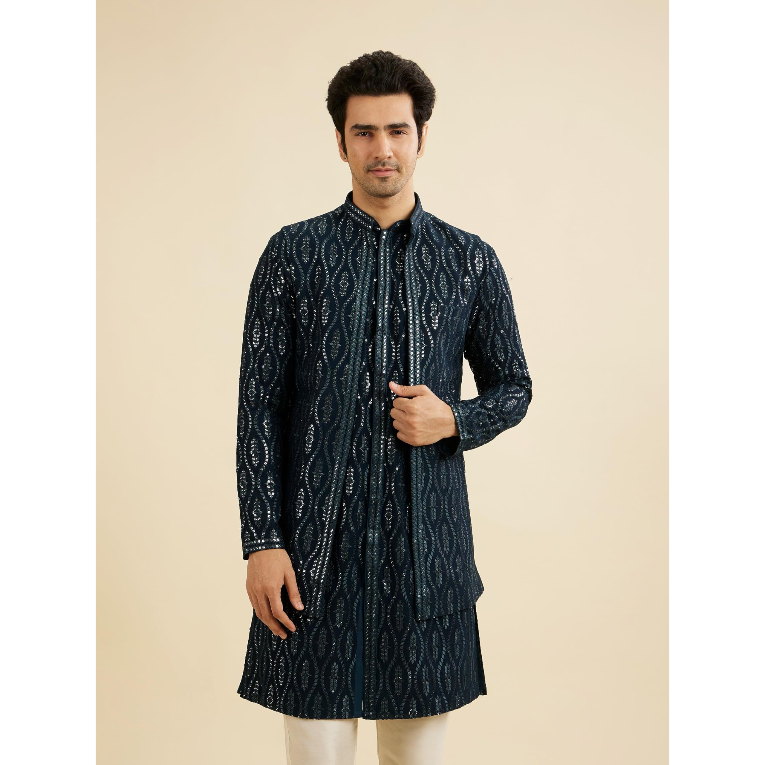 Manyavar Men's Georgette Embroidery|Sequin Work Kurta Jacket Set (Teal Blue,L)