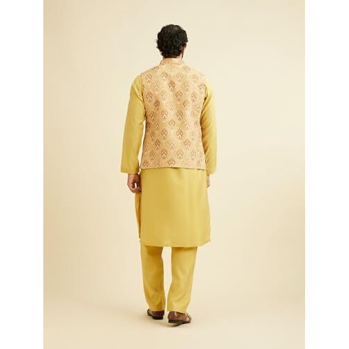 Manyavar Men's Viscose Blend Embroidered Kurta Jacket Churidar Set (Yellow,Xxl)