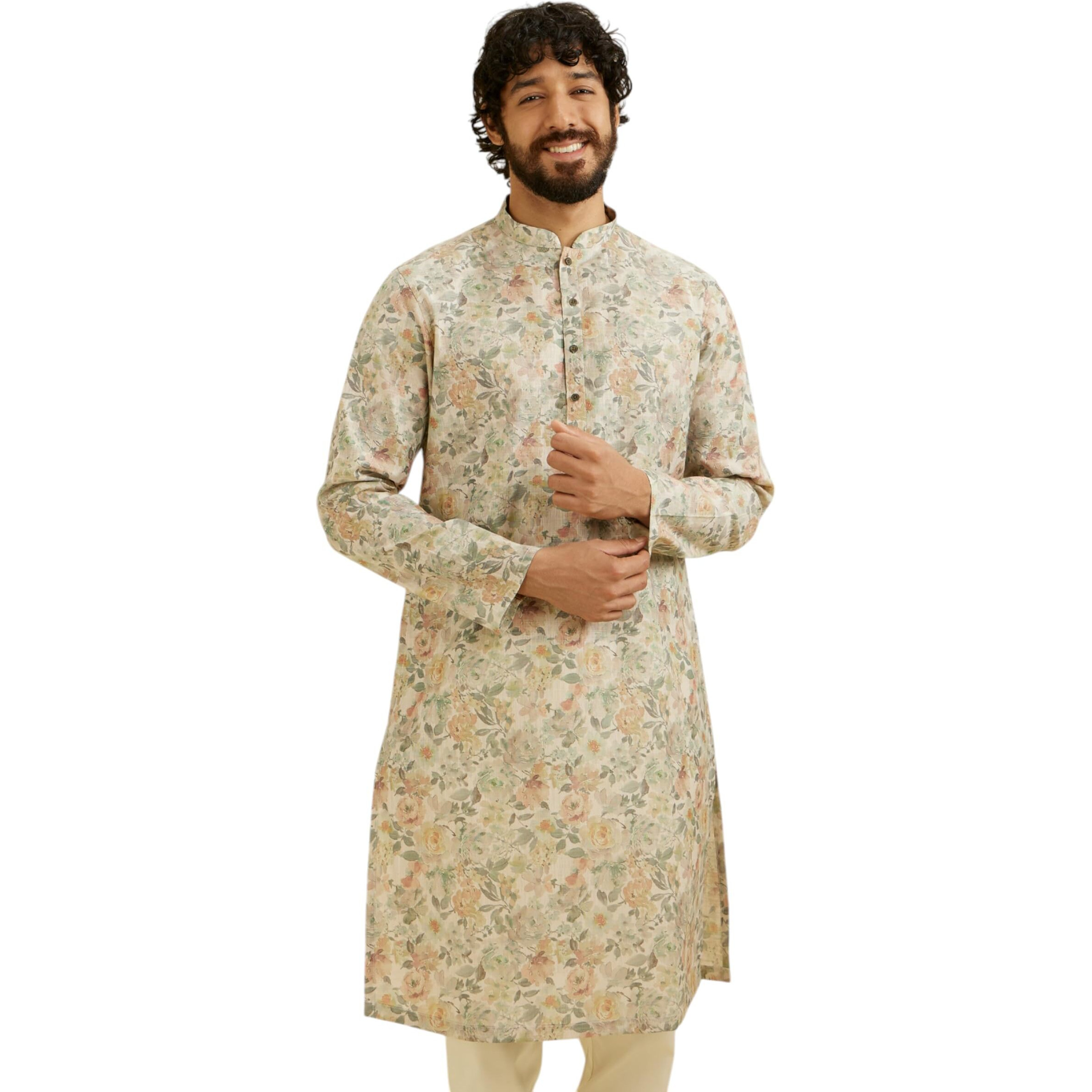 Manyavar Men's Cotton Blend Floral Print Kurta (Beige,Xxl)
