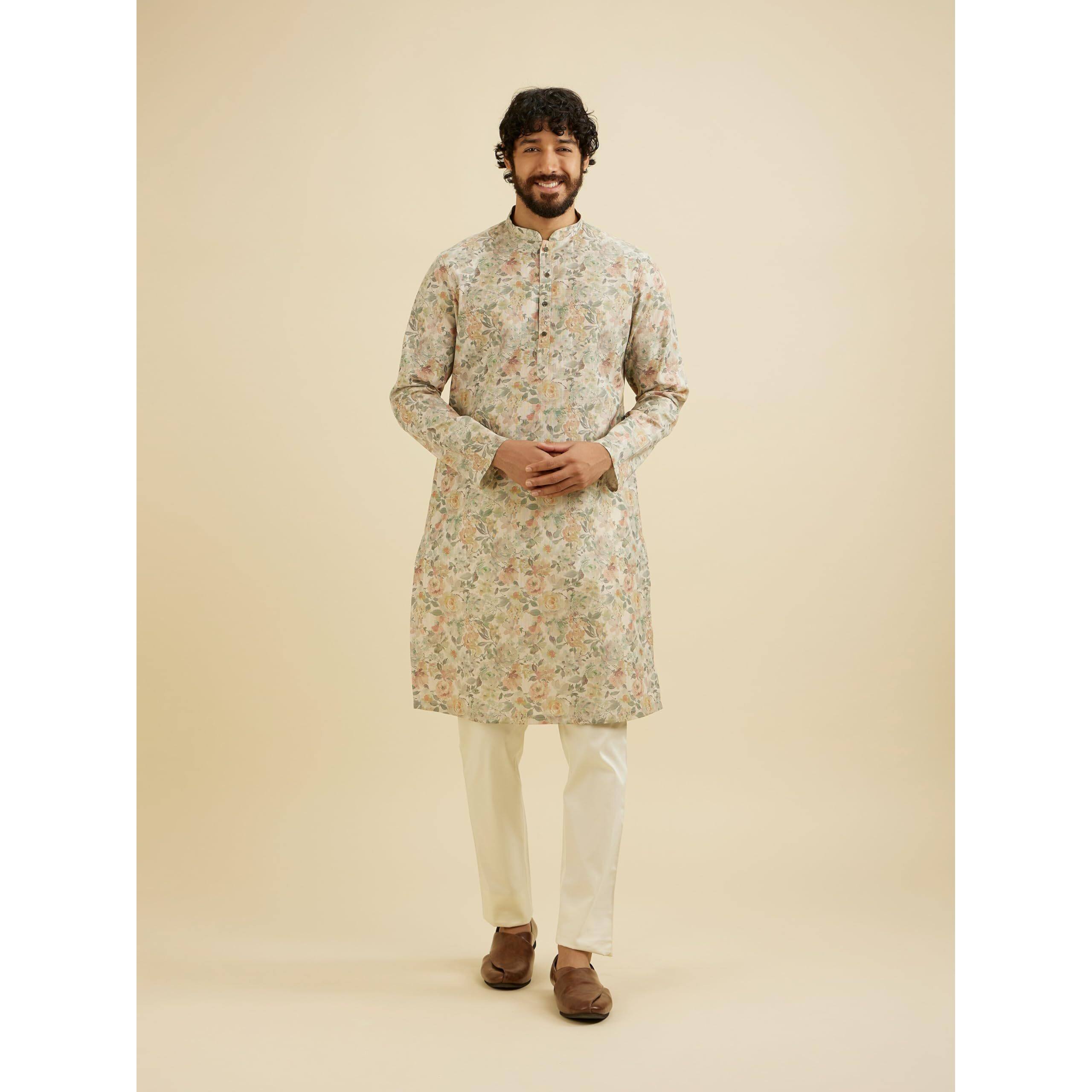 Manyavar Men's Cotton Blend Floral Print Kurta (Beige,Xxl)