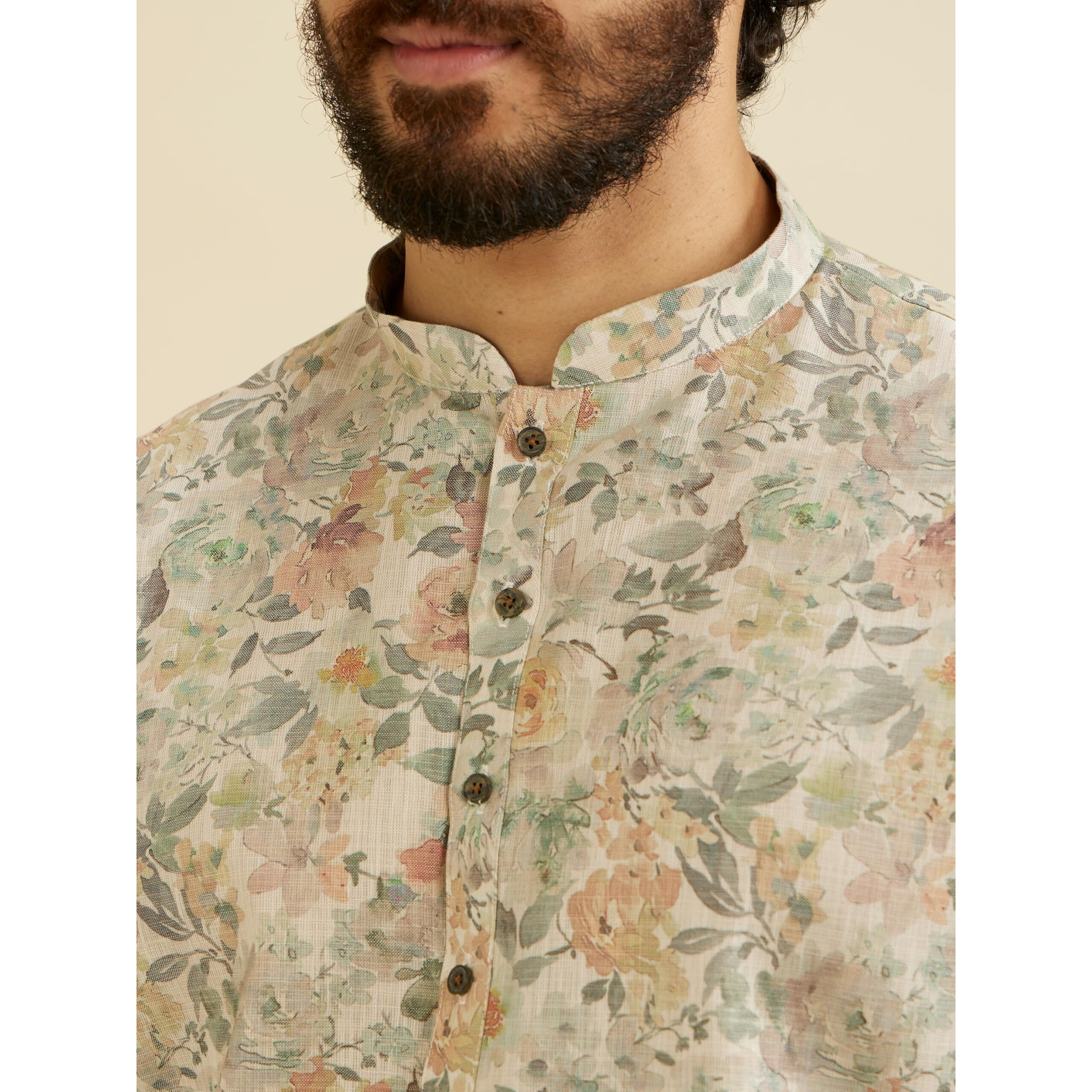 Manyavar Men's Cotton Blend Floral Print Kurta (Beige,Xxl)