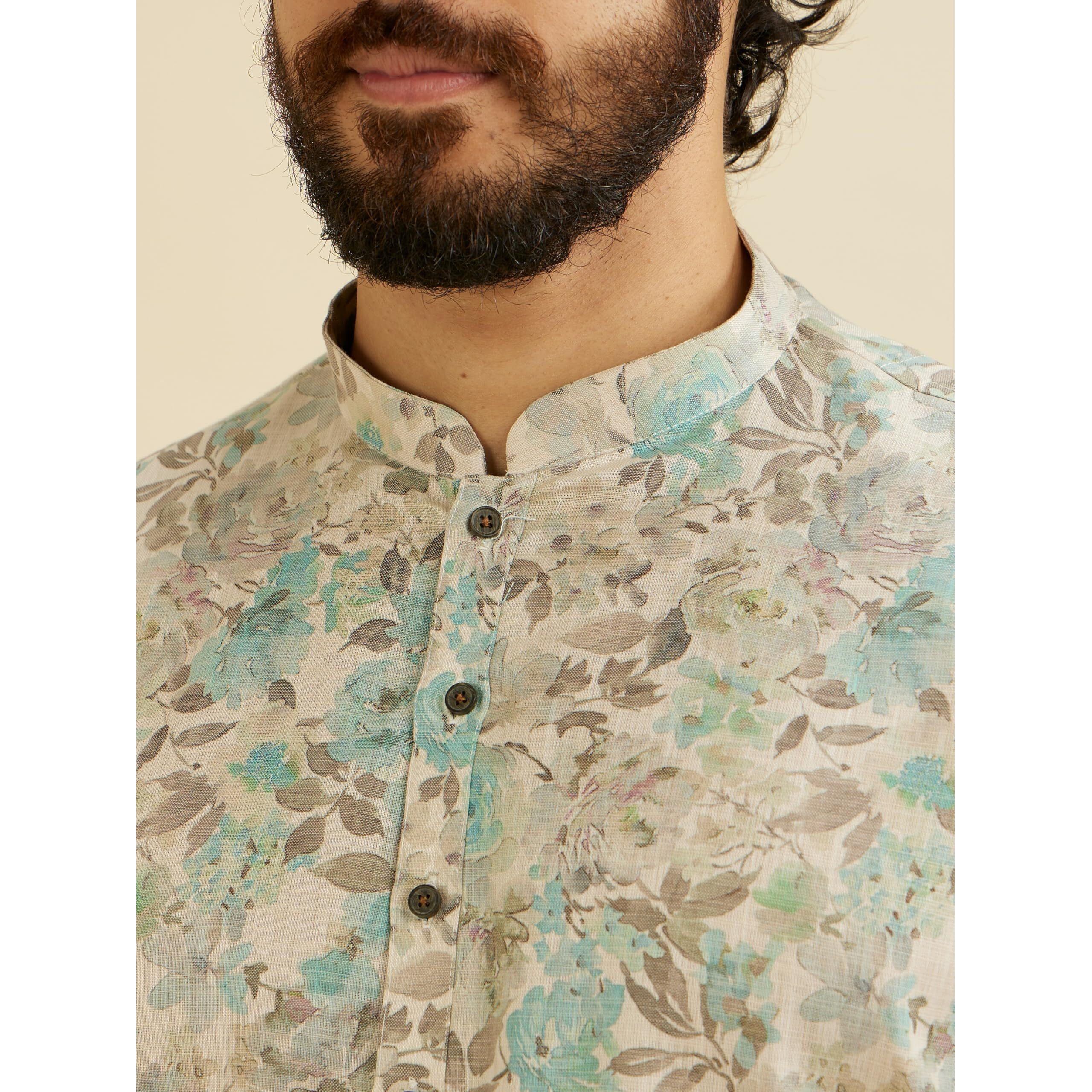 Manyavar Men's Cotton Blend Floral Print Kurta (Aqua Green,Xl)