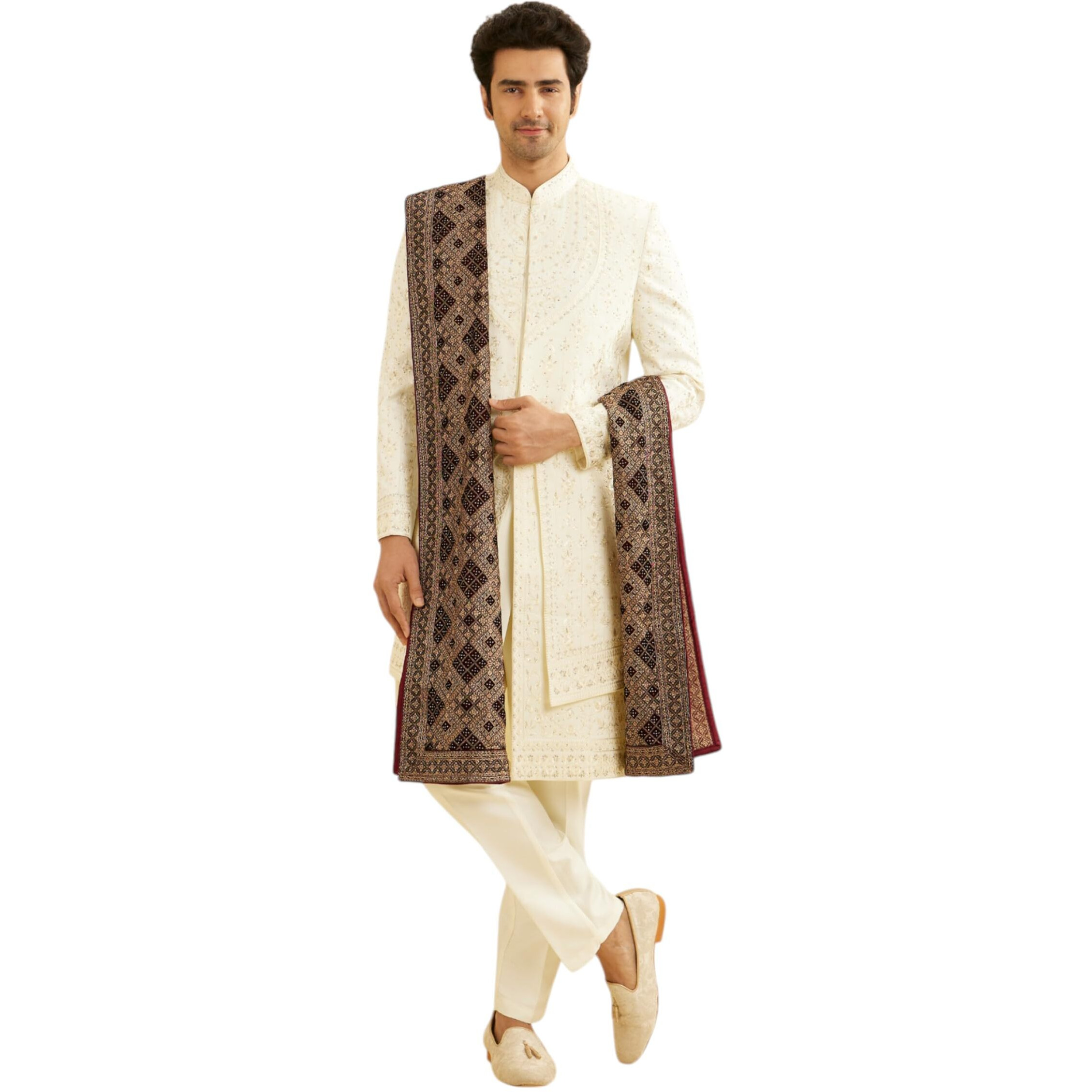 Manyavar Men's Velvet Embroidered Embellished Dupatta (Maroon,2.65M)