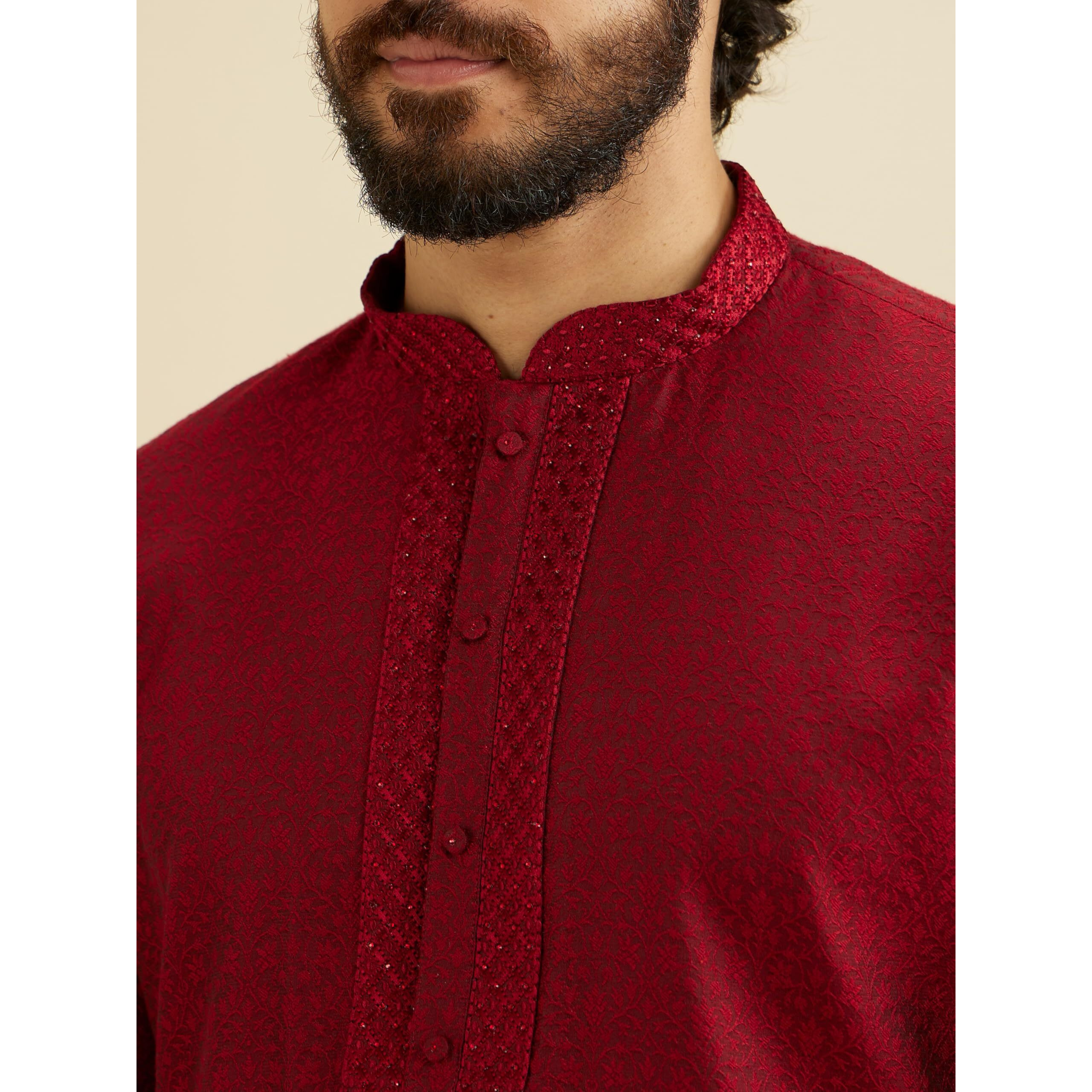 Manyavar Men's Viscose Blend Jacquard Kurta Set (Maroon,M)