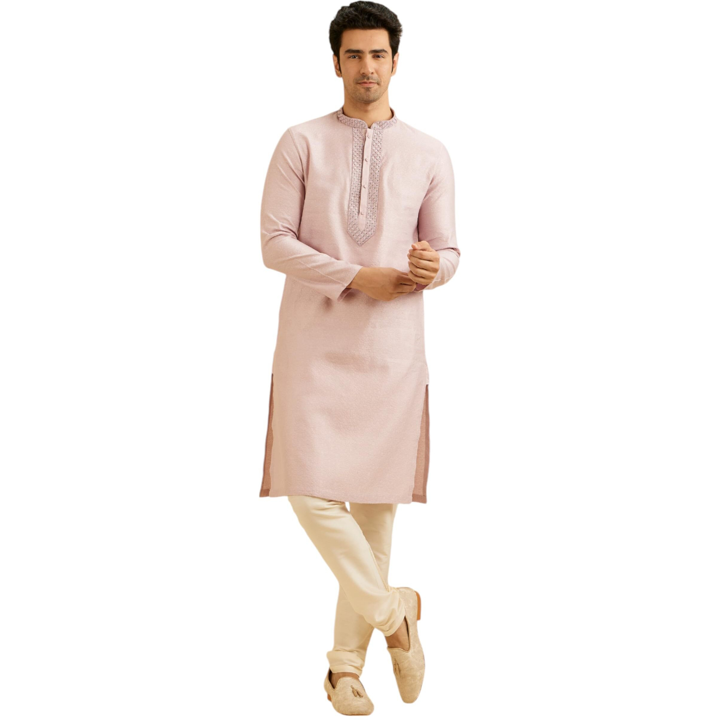 Manyavar Men's Viscose Blend Neck Embroidery Kurta Set (Purple,L)