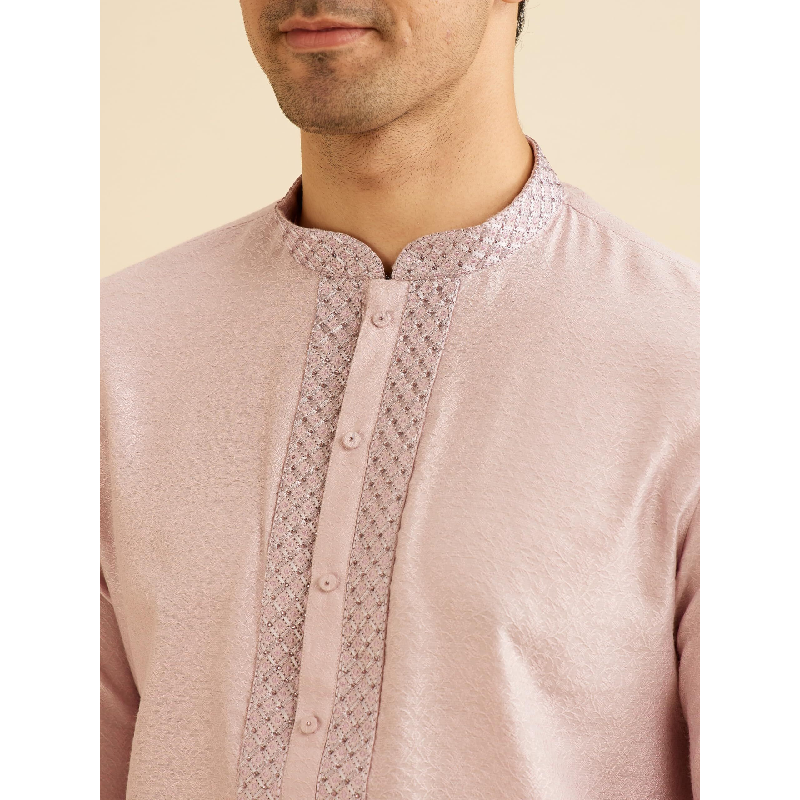 Manyavar Men's Viscose Blend Neck Embroidery Kurta Set (Purple,L)