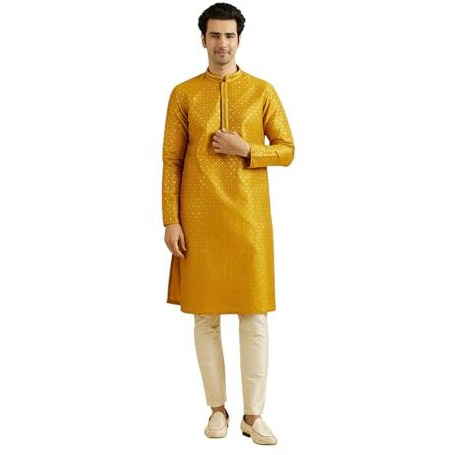 Manyavar Men's Art Silk Thread Work | Sequined Kurta Set (Mustard,S)