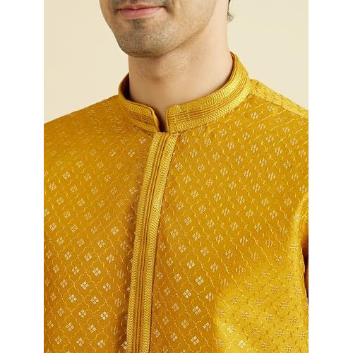 Manyavar Men's Art Silk Thread Work | Sequined Kurta Set (Mustard,S)