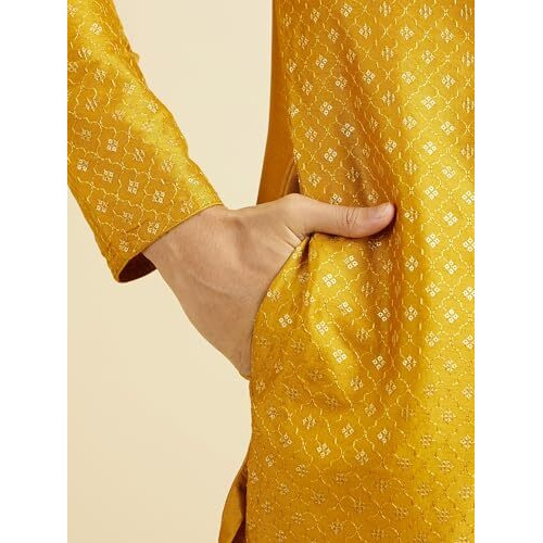 Manyavar Men's Art Silk Thread Work | Sequined Kurta Set (Mustard,S)