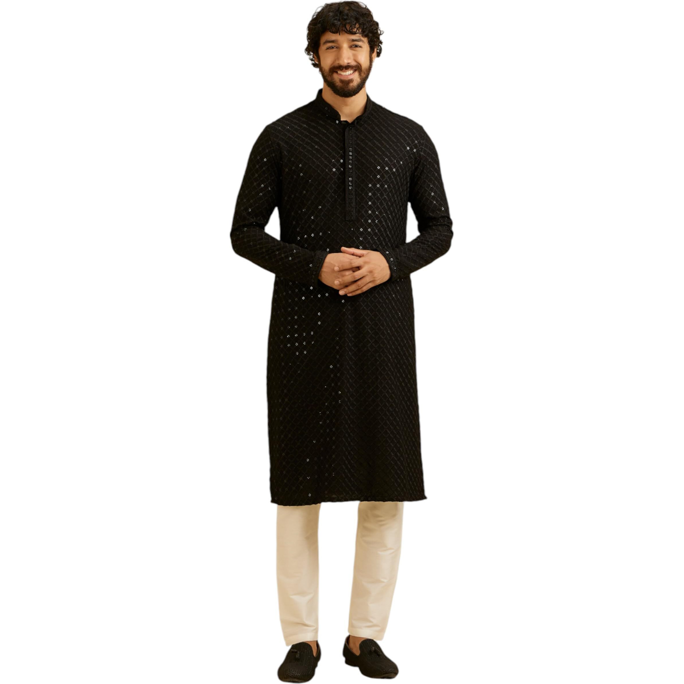 Manyavar Men's Viscose Chikankari | Sequined Kurta Set (Black,Xxl)