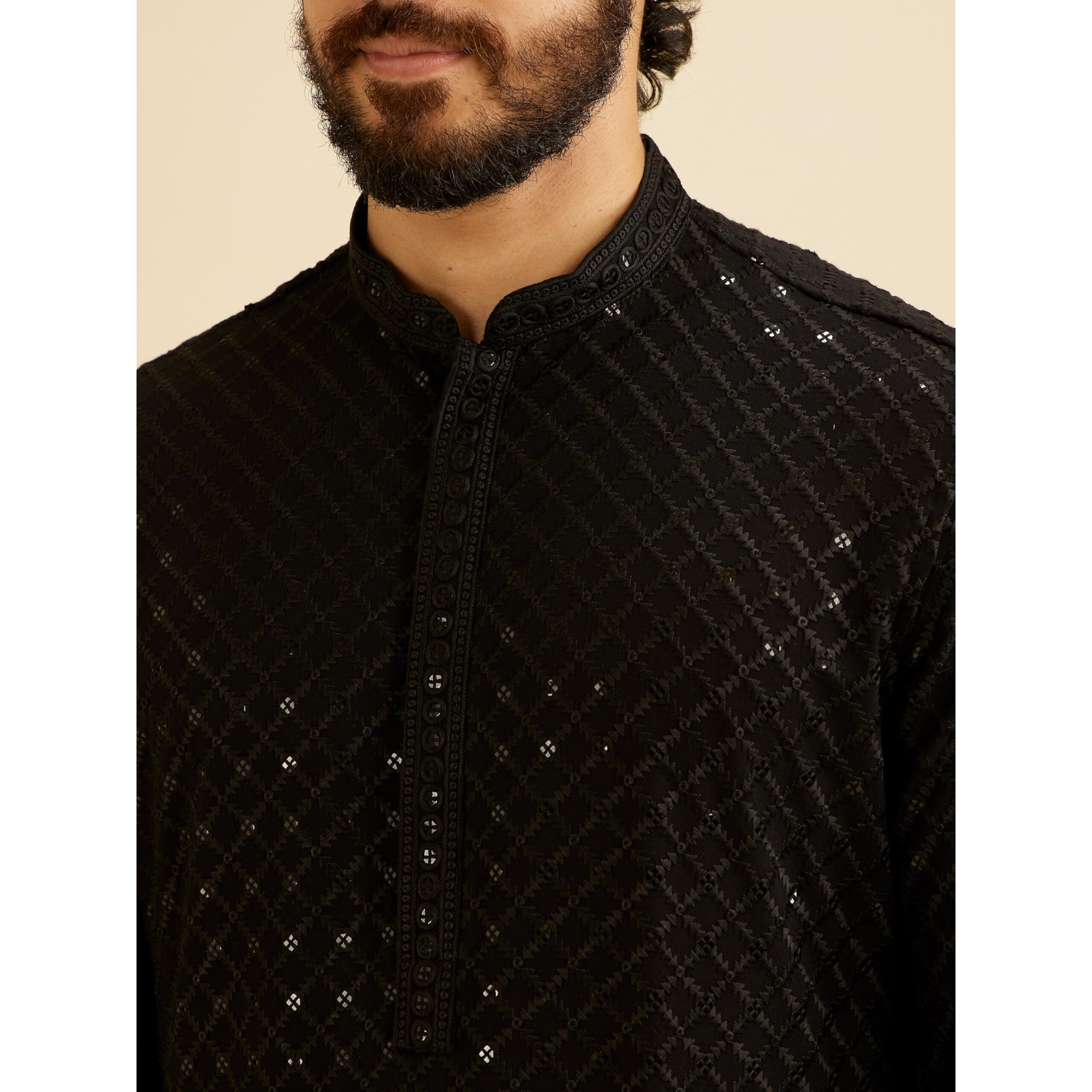 Manyavar Men's Viscose Chikankari | Sequined Kurta Set (Black,Xxl)