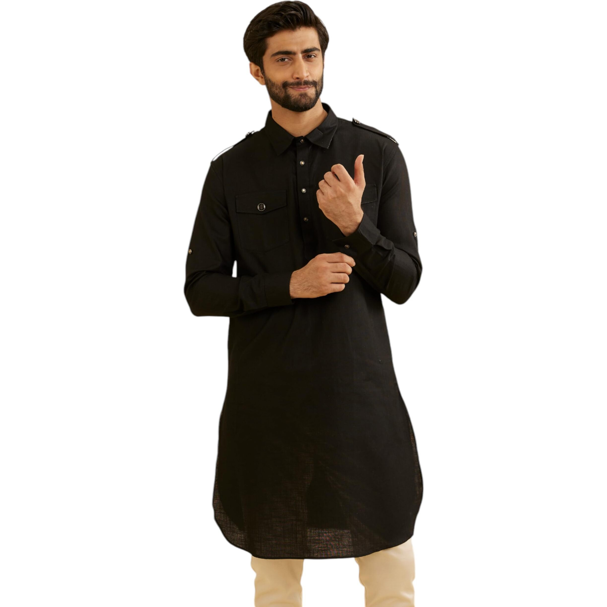 Manyavar Men's Cotton Solid Pathani Style Long Kurta (Black,L)