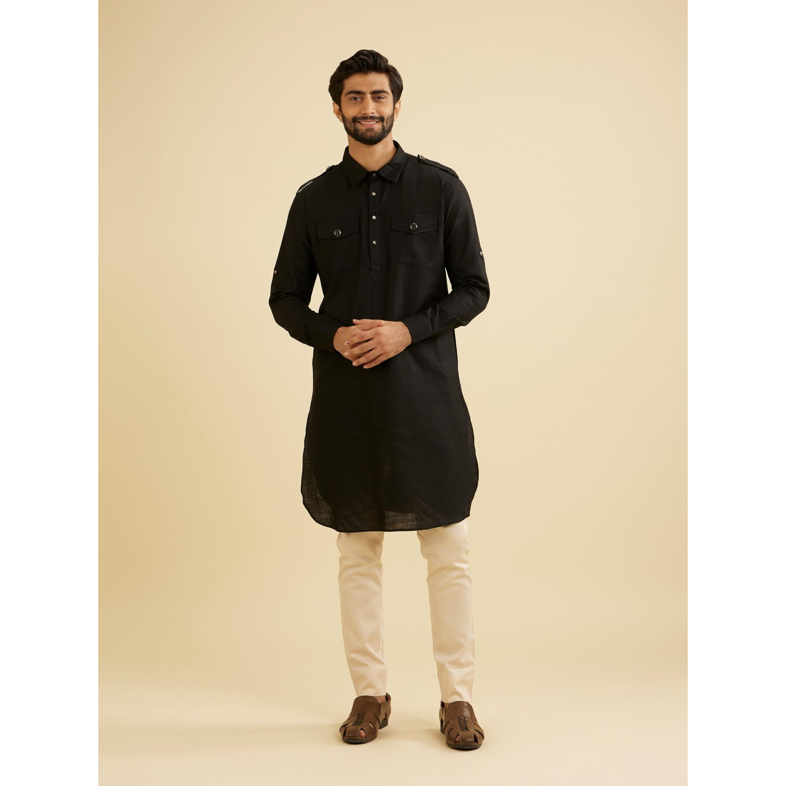 Manyavar Men's Cotton Solid Pathani Style Long Kurta (Black,L)