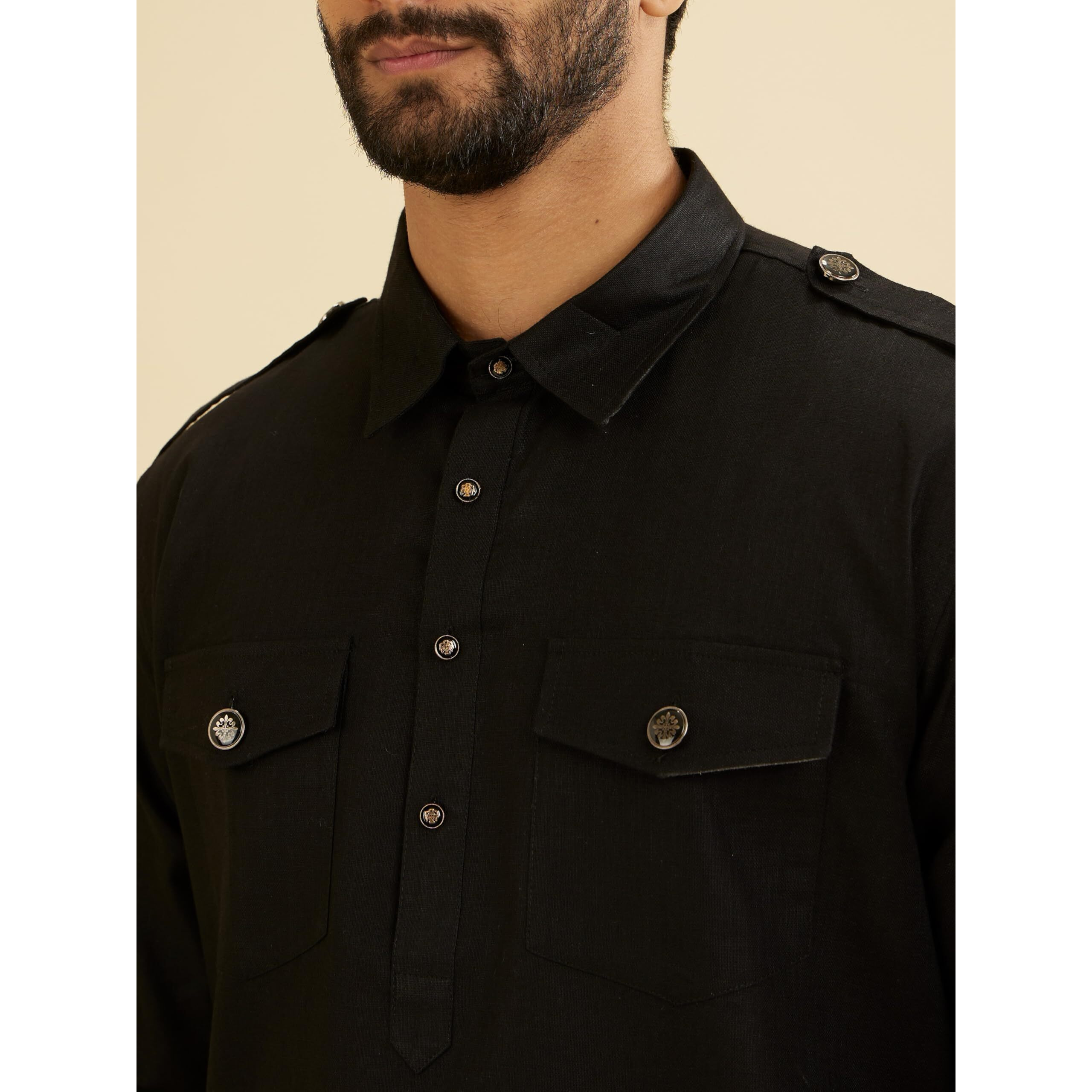 Manyavar Men's Cotton Solid Pathani Style Long Kurta (Black,L)