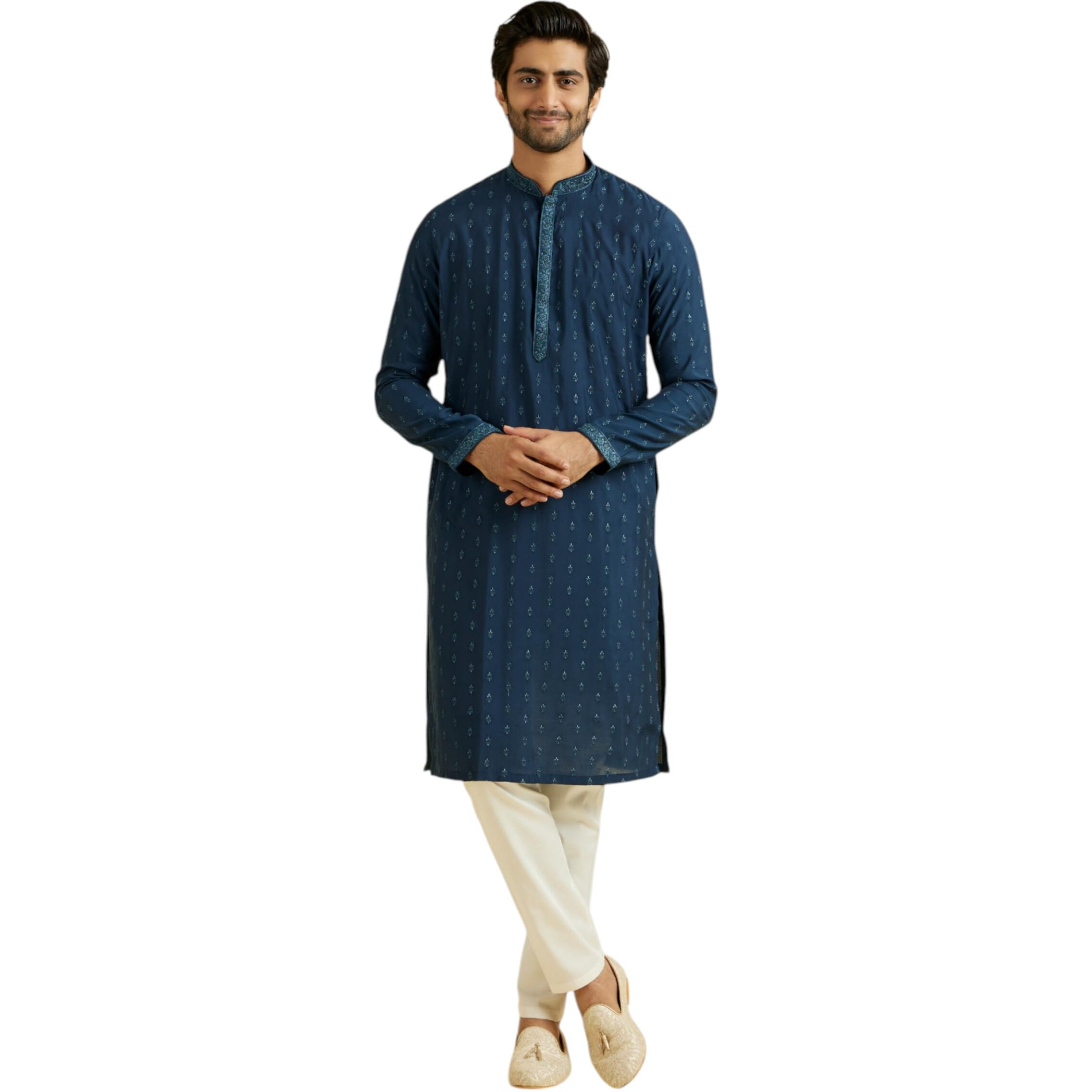 Manyavar Men's Viscose Blend Thread Embroidery Kurta Pyjama Set (Dark Blue,M)