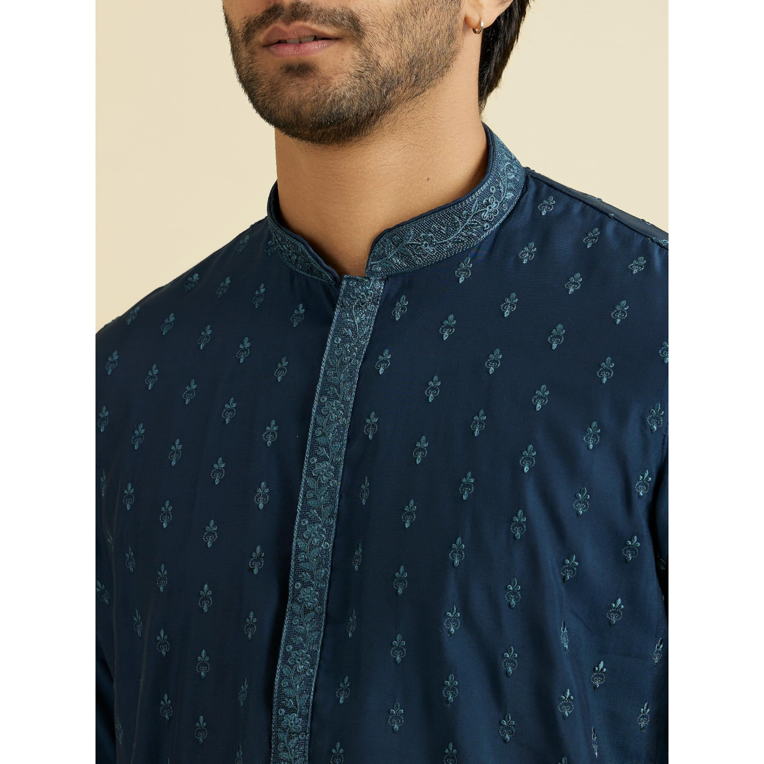 Manyavar Men's Viscose Blend Thread Embroidery Kurta Pyjama Set (Dark Blue,M)