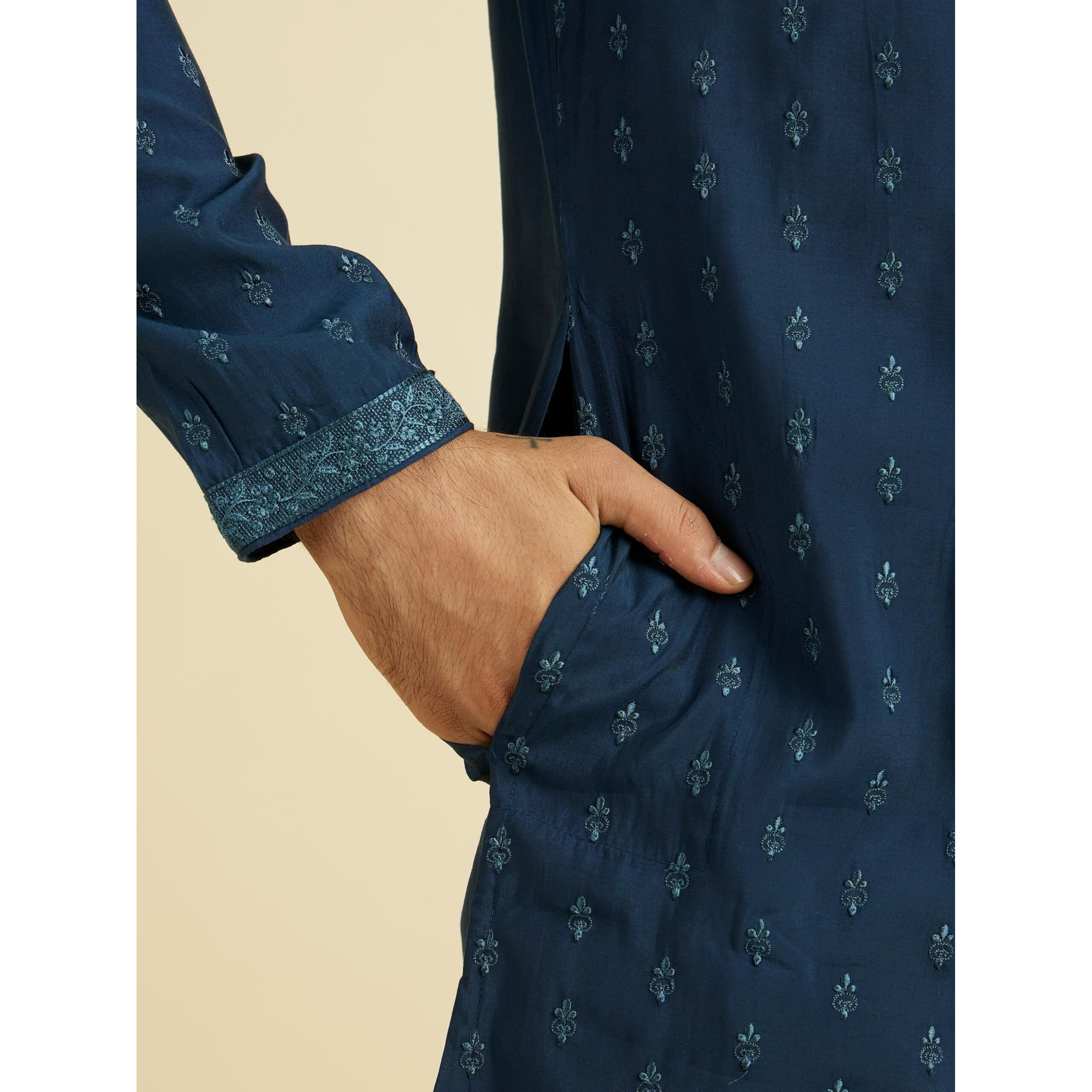 Manyavar Men's Viscose Blend Thread Embroidery Kurta Pyjama Set (Dark Blue,M)
