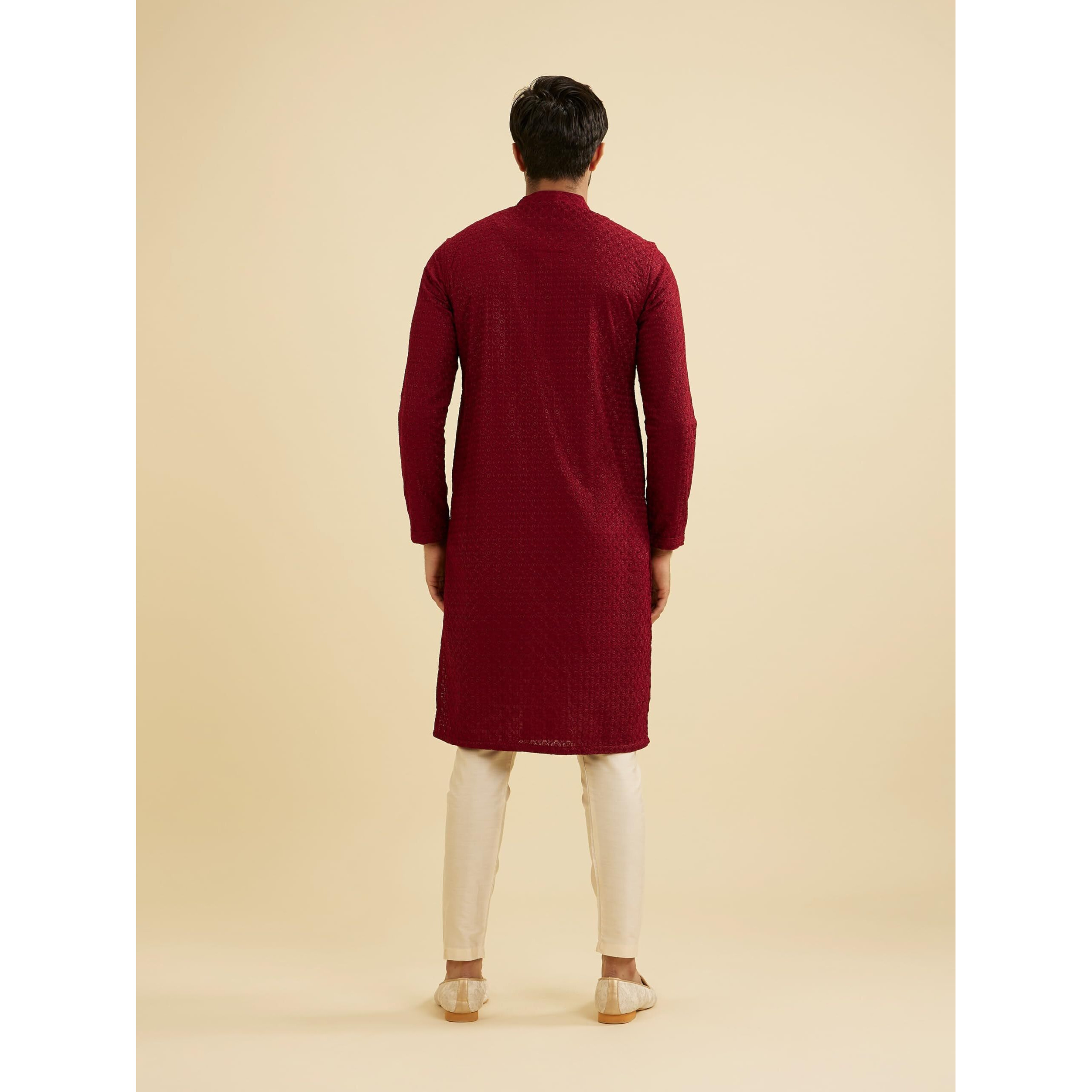 Manyavar Men's Blended Cotton Embroidery|Thread Work Kurta Set (Maroon,M)