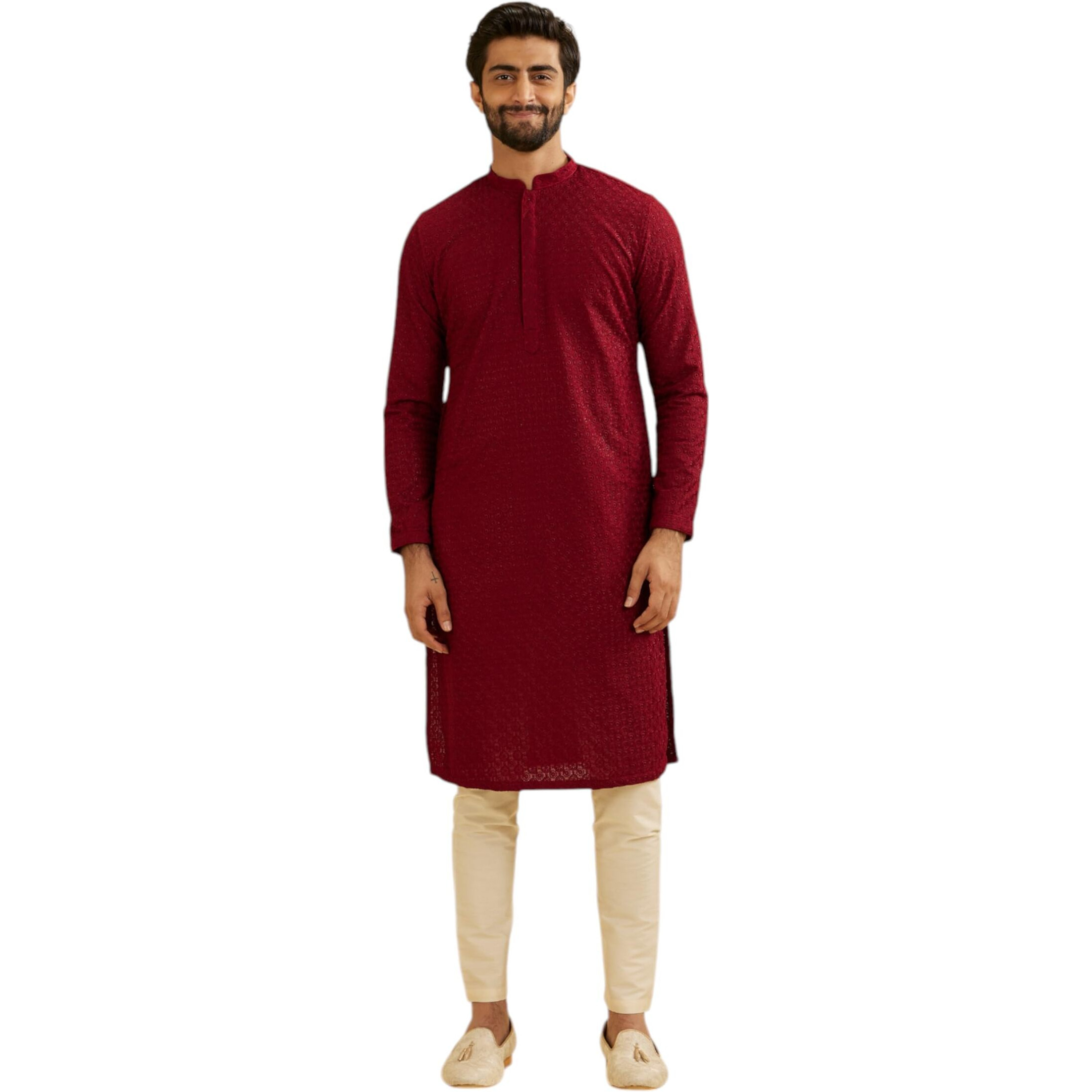 Manyavar Men's Blended Cotton Embroidery|Thread Work Kurta Set (Maroon,Xl)