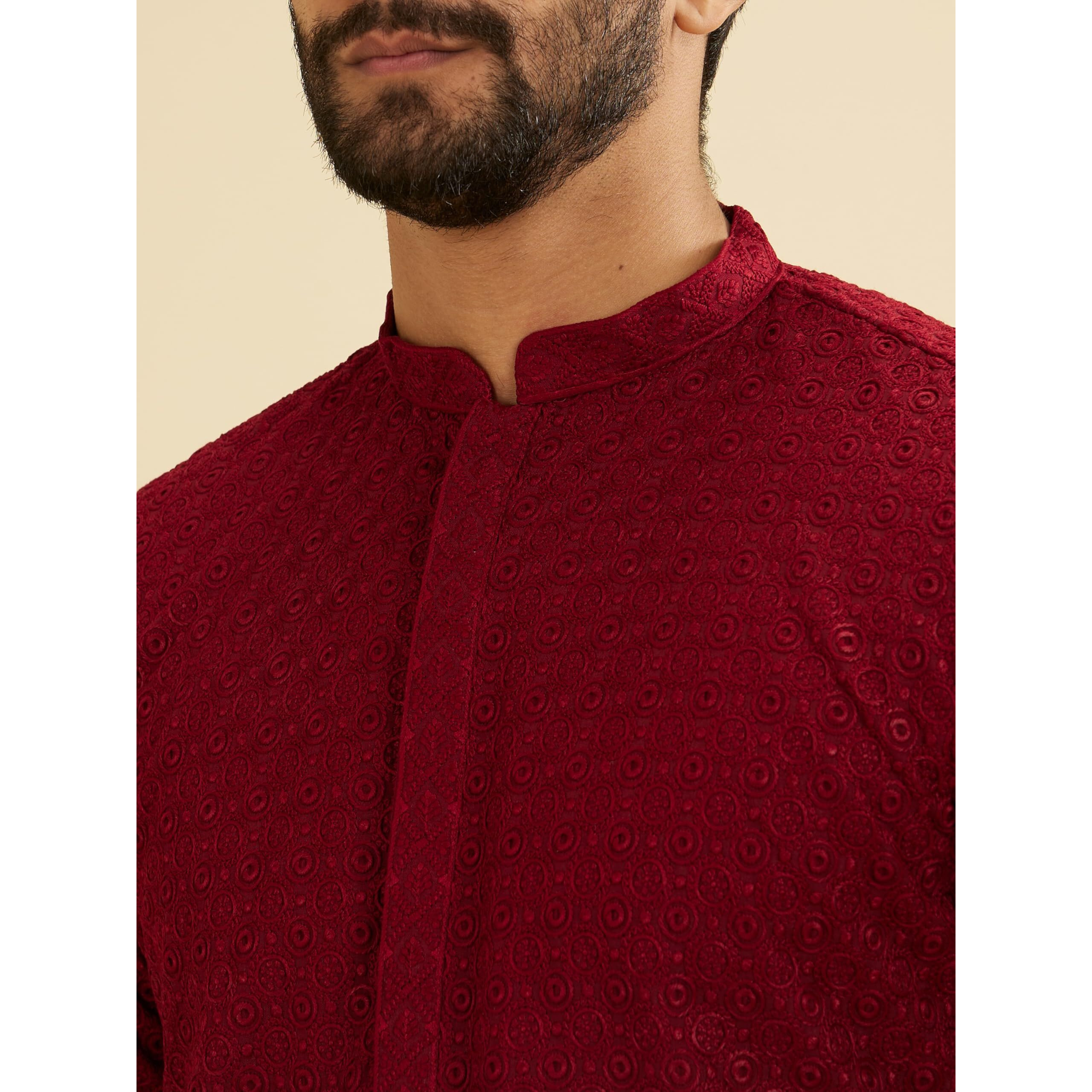 Manyavar Men's Blended Cotton Embroidery|Thread Work Kurta Set (Maroon,Xl)