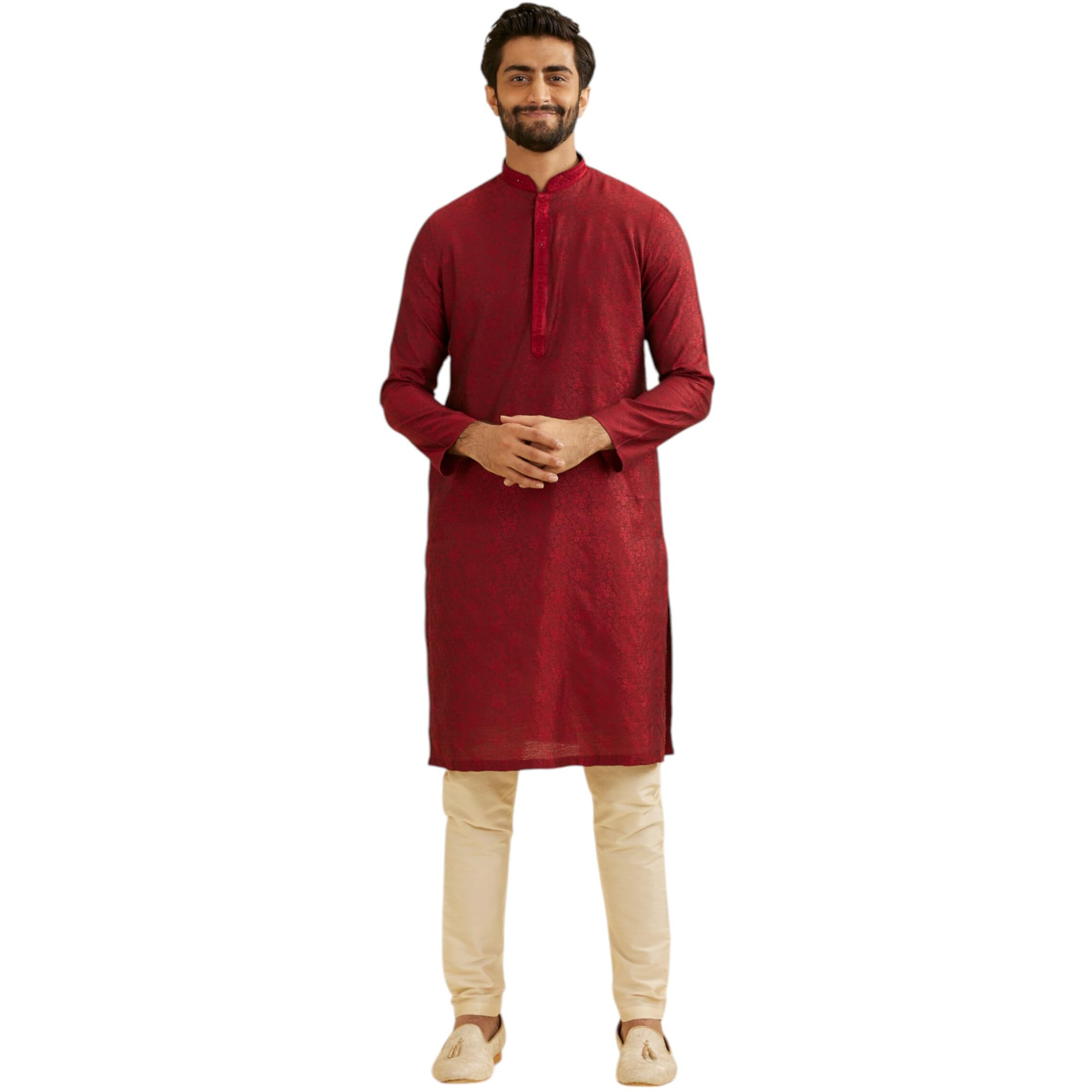 Manyavar Men's Viscose Blend Thread Embroidery Kurta Pyjama Set (Maroon,L)