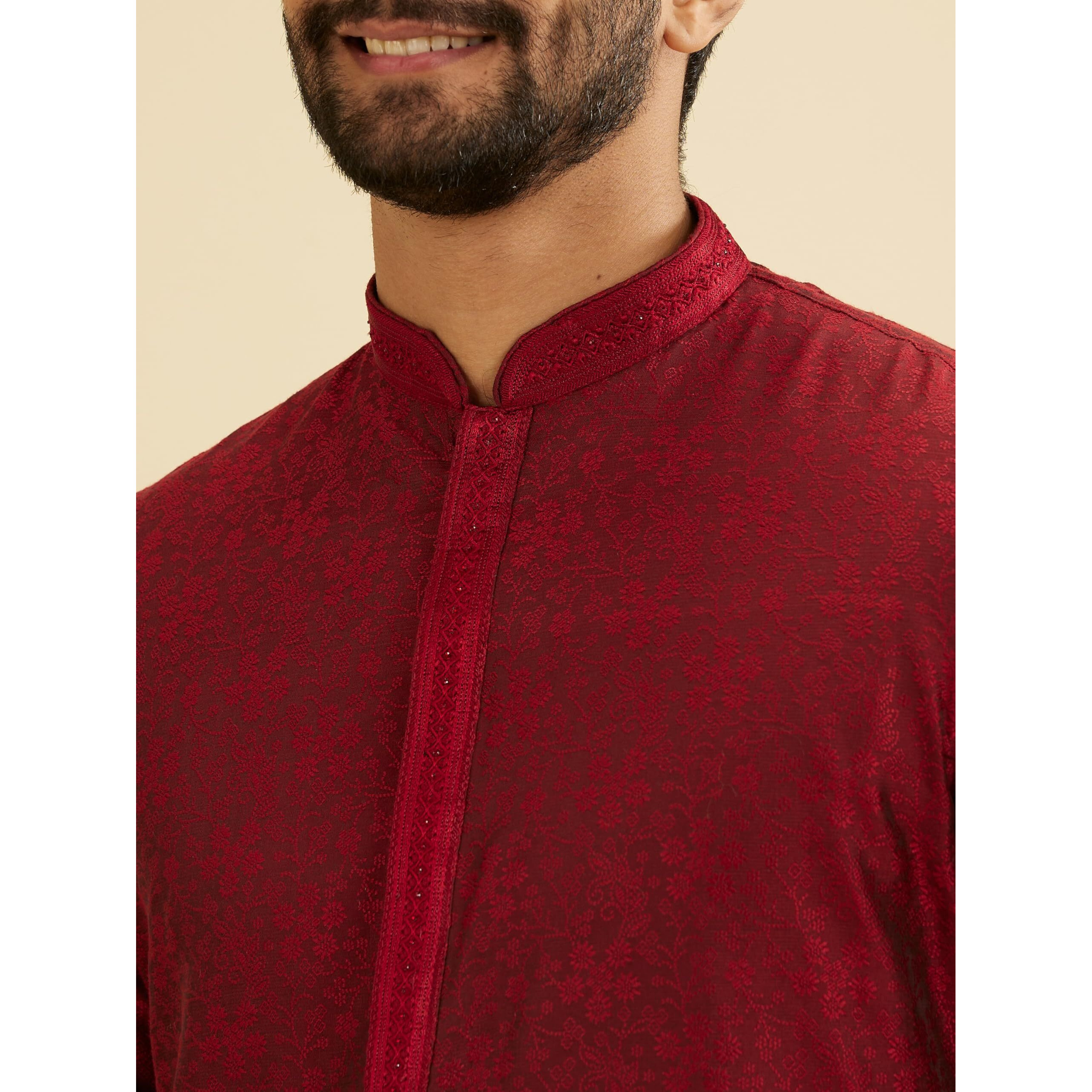 Manyavar Men's Viscose Blend Thread Embroidery Kurta Pyjama Set (Maroon,L)